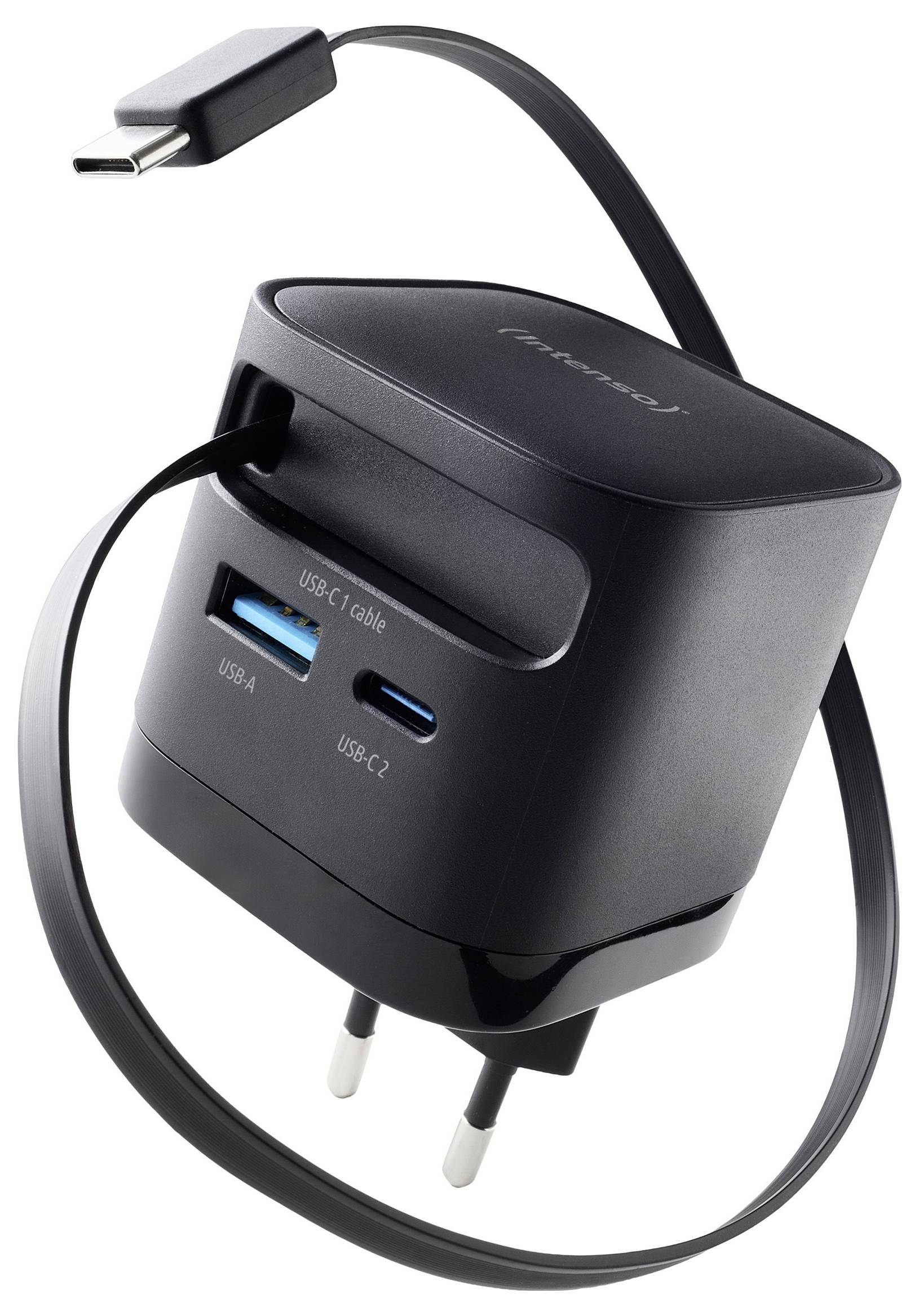 Ein schwarzes Wandladegerät mit USB-A- und USB-C-Anschlüssen, angeschlossenem Kabel und klappbarem Stecker wird gezeigt, wobei sein kompaktes Design hervorgehoben wird.