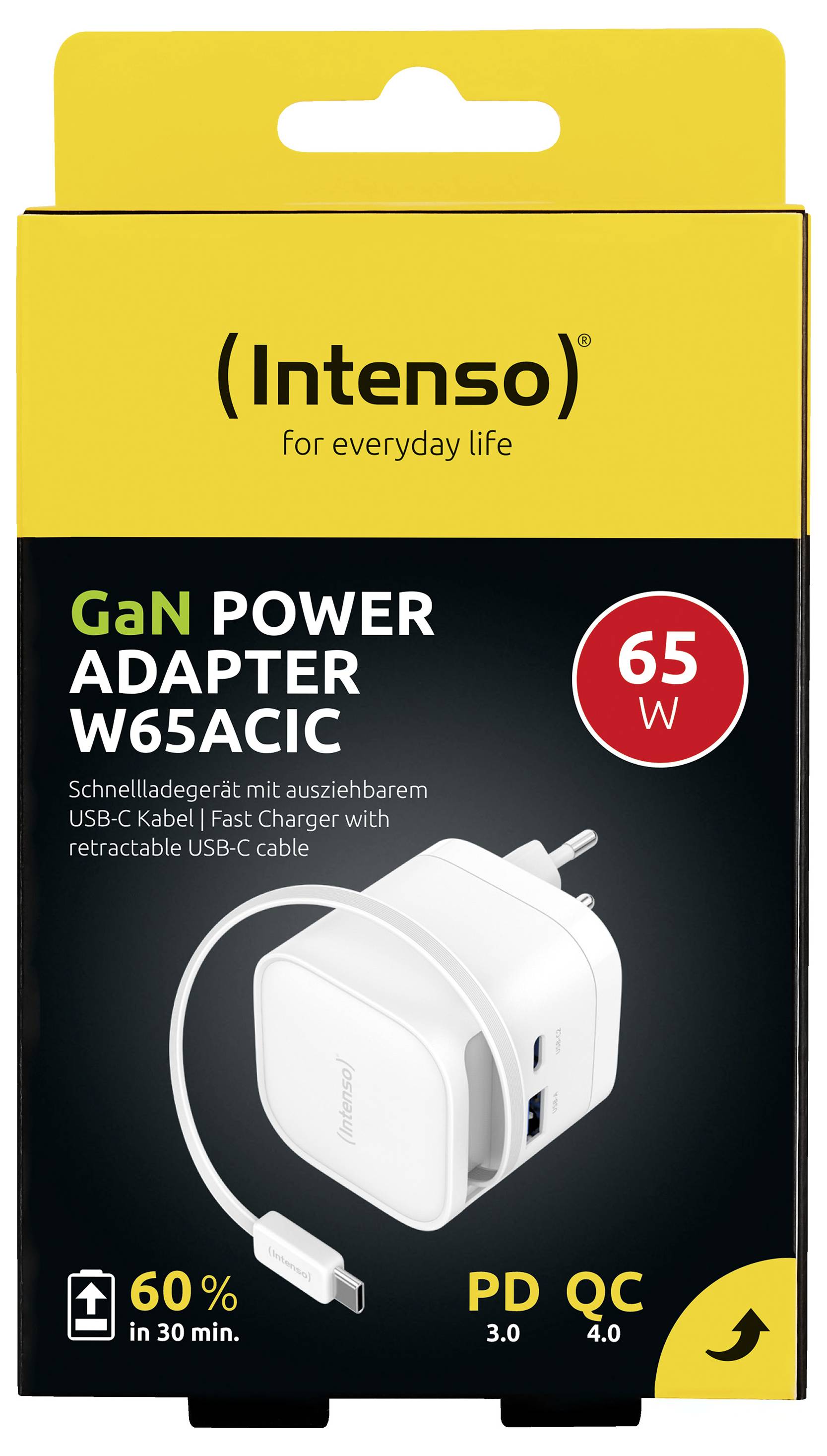 'Intenso GaN Power Adapter W65ACIC, 65W' mit ausfahrbarem USB-C-Kabel zum schnellen Laden. Merkmale: 60% kompaktere Größe mit PD 3.0 und QC 4.0.