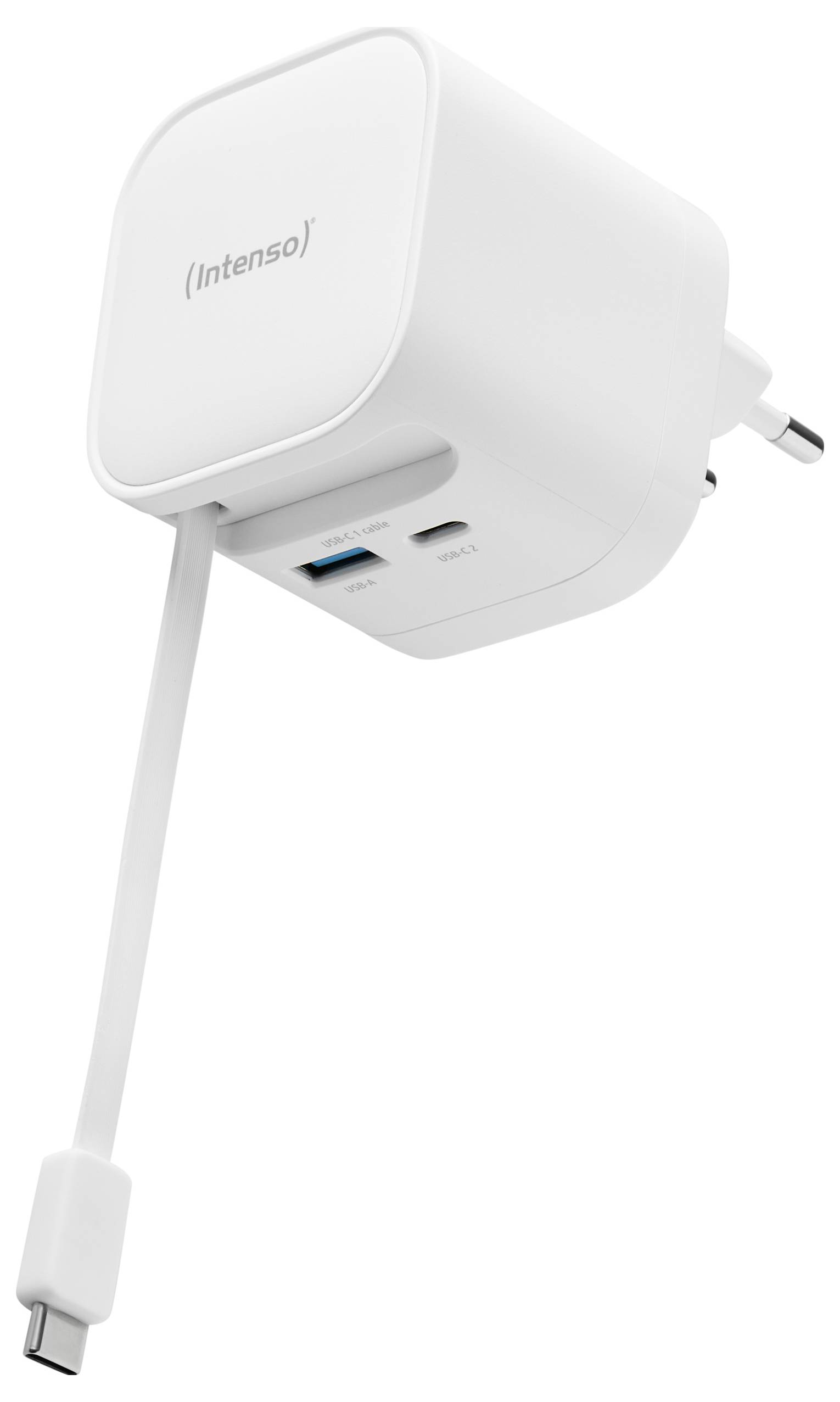 Ein weißes Intenso-Wandladegerät mit USB- und USB-C-Anschlüssen, mit einem integrierten Ladekabel mit USB-C-Stecker.