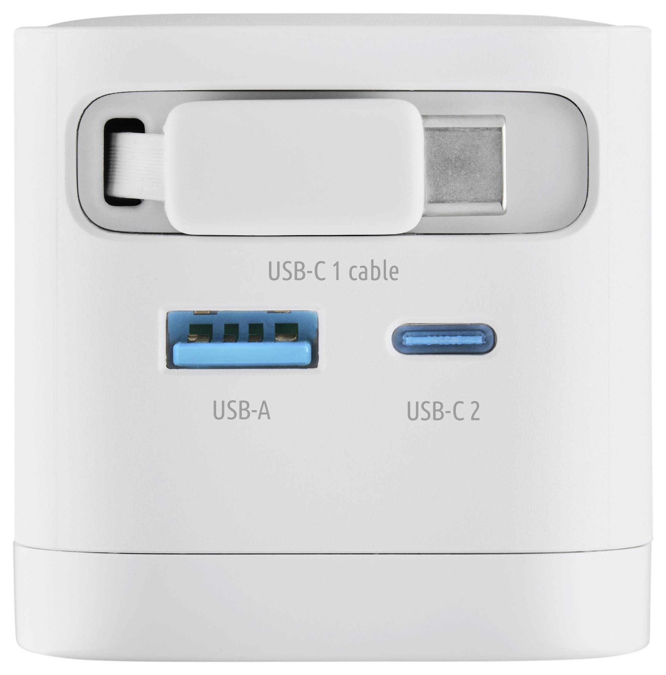 Weiße Ladestation mit einziehbarem USB-C-Kabel, USB-A-Anschluss und USB-C-Anschluss mit der Bezeichnung C2. Geeignet zum Laden mehrerer Geräte.