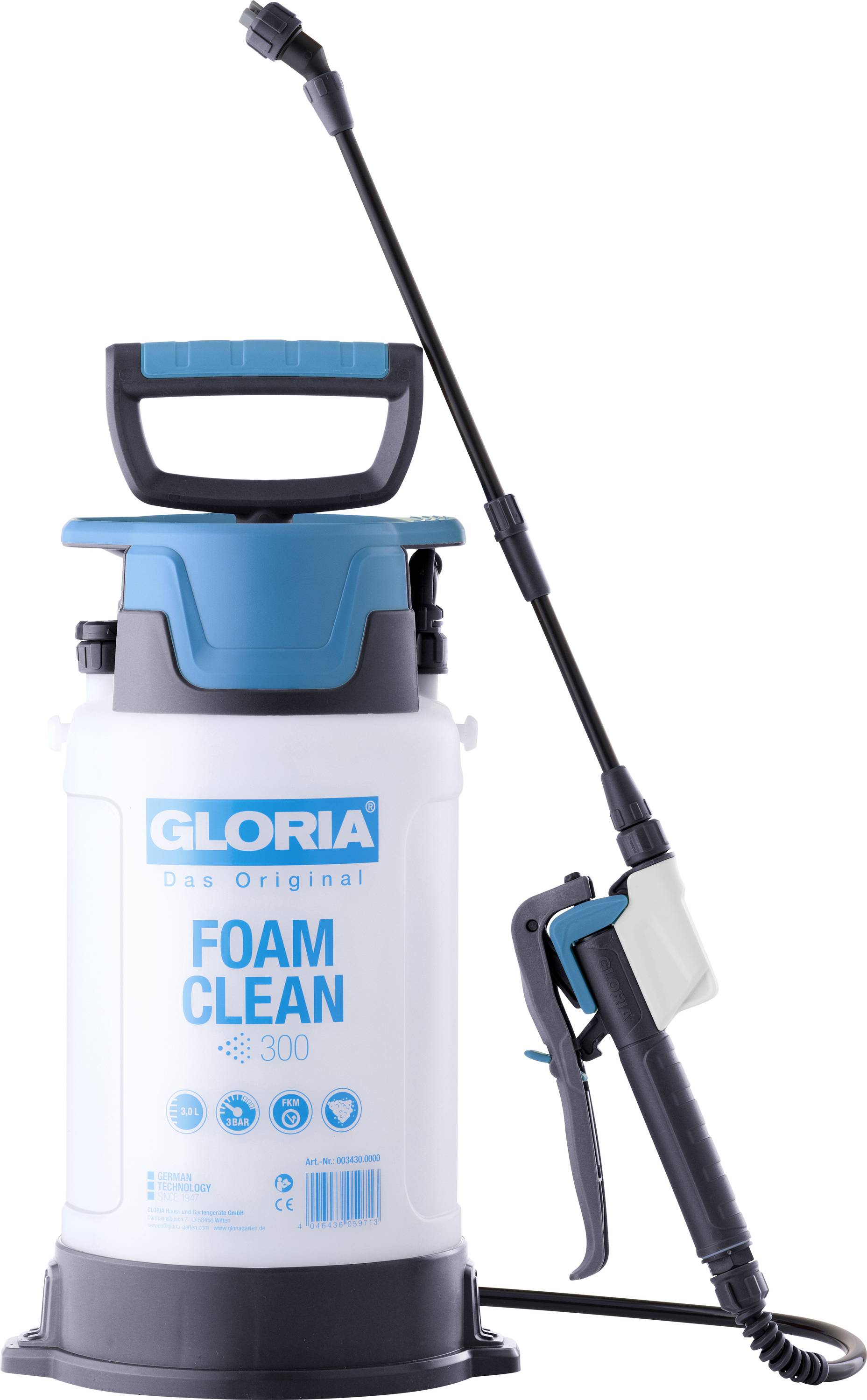 Ein weiß und blau gefärbter Schaumreiniger-Sprüher mit der Aufschrift „Gloria Foam Clean 300