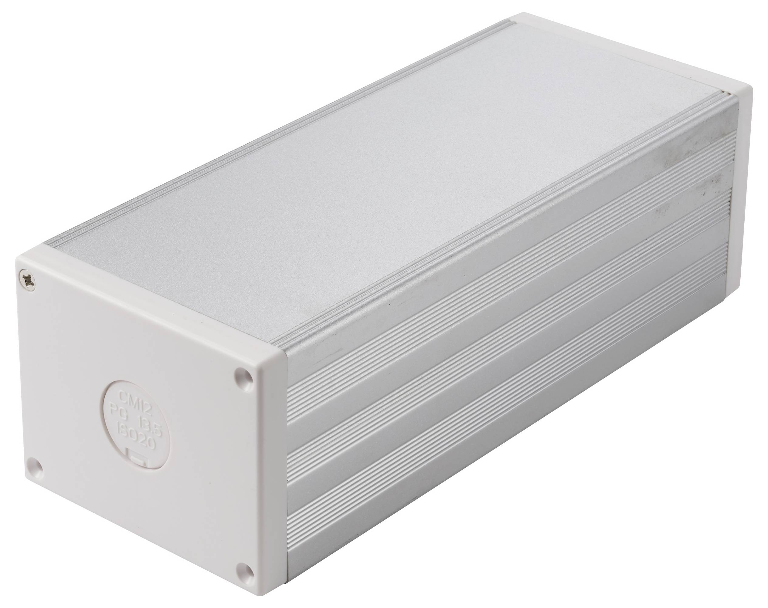 Silbernes rechteckiges Aluminium-Elektronikgehäuse mit flachem Deckel und Endplatten, auf weißem Hintergrund dargestellt.