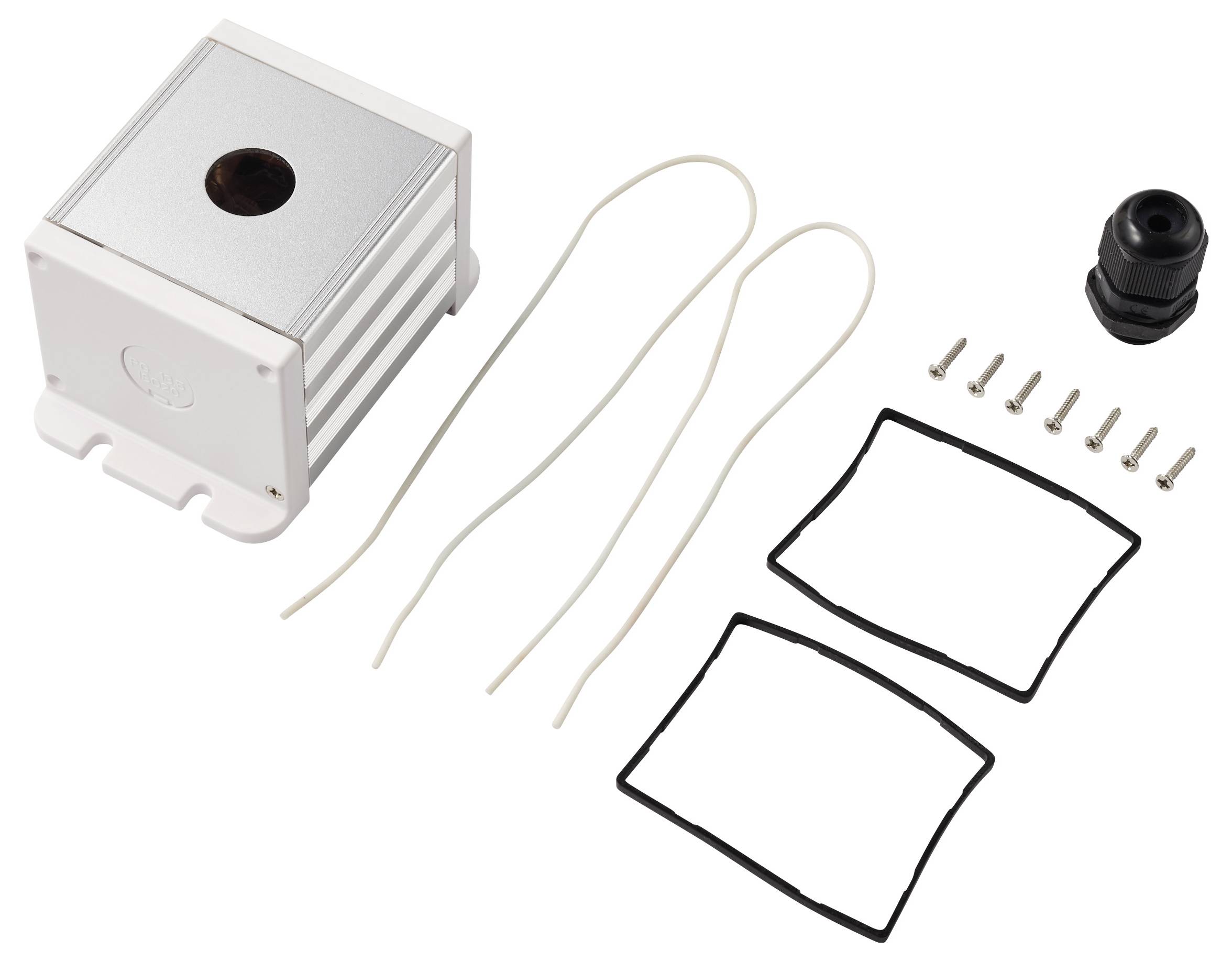 Hardware-Kit mit Metallgehäuse, zwei Kabeln, Gummidurchführung, Schrauben und zwei Dichtungsteilen auf weißem Hintergrund angeordnet.