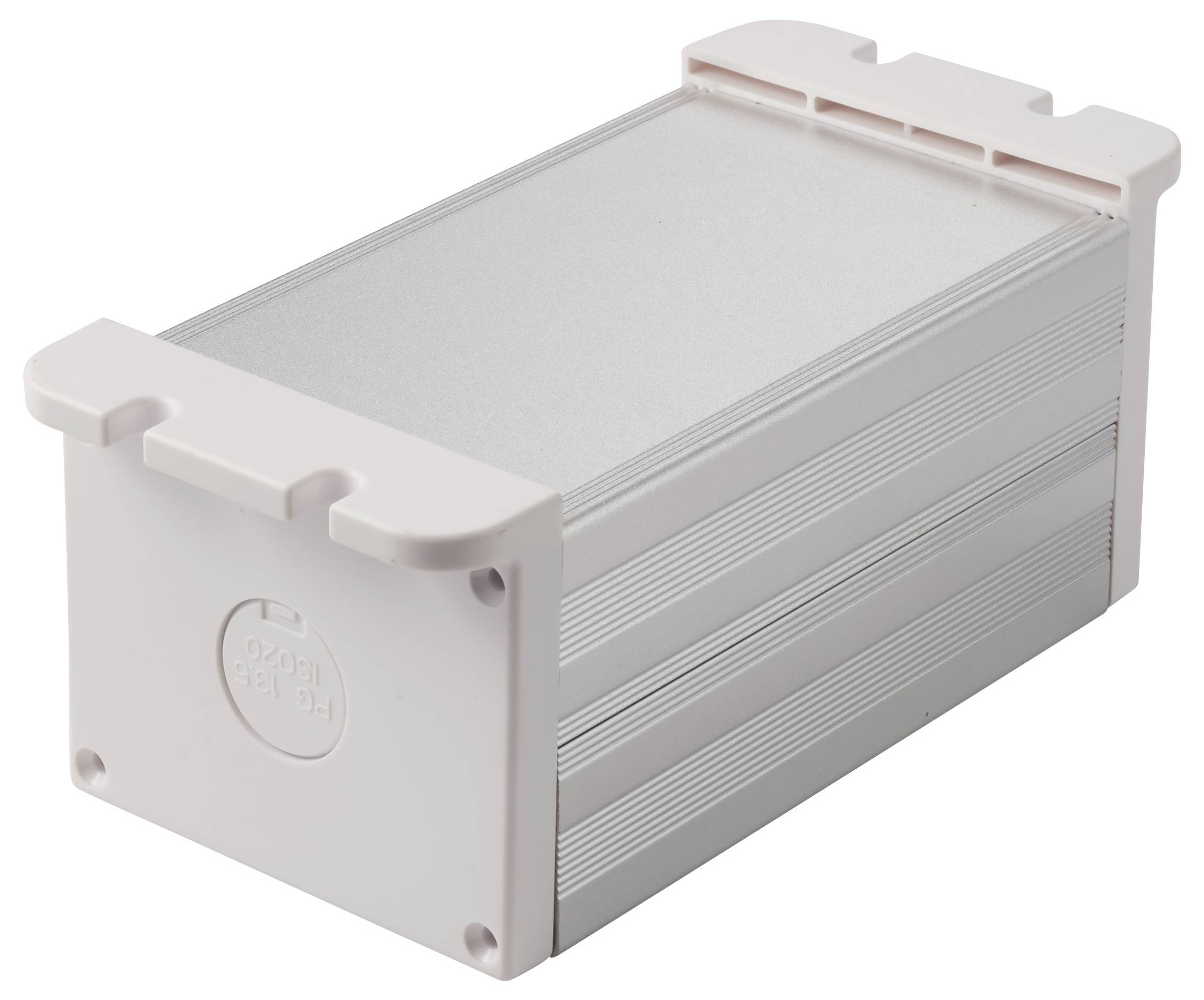 Rechteckiges Aluminiumgehäuse für Elektronik mit belüfteten Seiten und weißen Endkappen, gezeigt auf weißem Hintergrund.