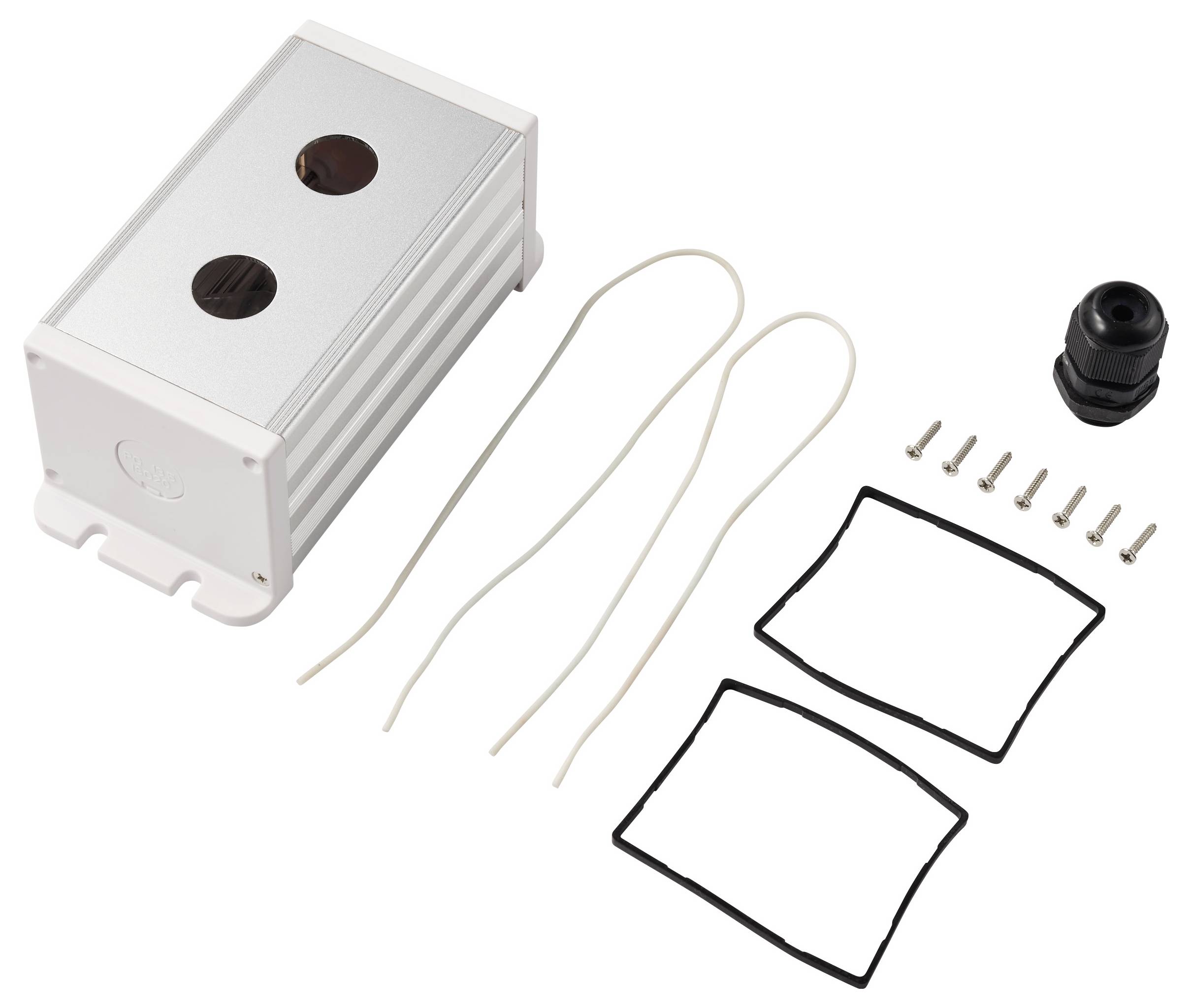 Produktset mit einem Metallgehäuse in Silberfarbe mit zwei kreisförmigen Ausschnitten, zwei weißen Kabeln, einer schwarzen Steckerkappе, vier Schrauben und zwei Gummi-Dichtungen.