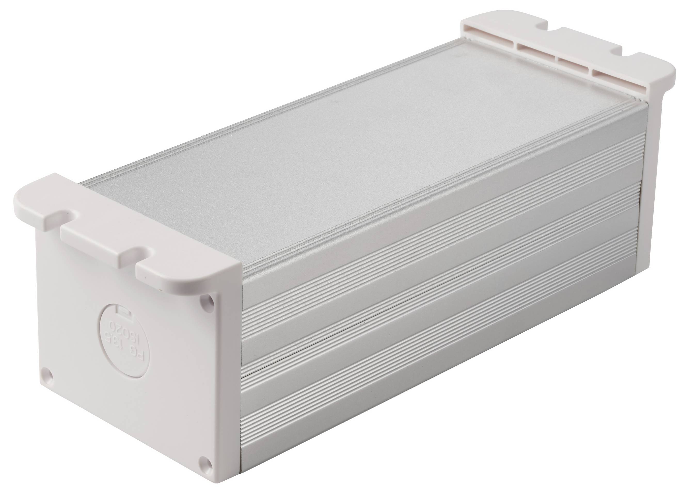 Rechteckiges silbernes Aluminium-Elektronikgehäuse mit hellfarbigen Endkappen, dargestellt in Perspektive auf weißem Hintergrund.
