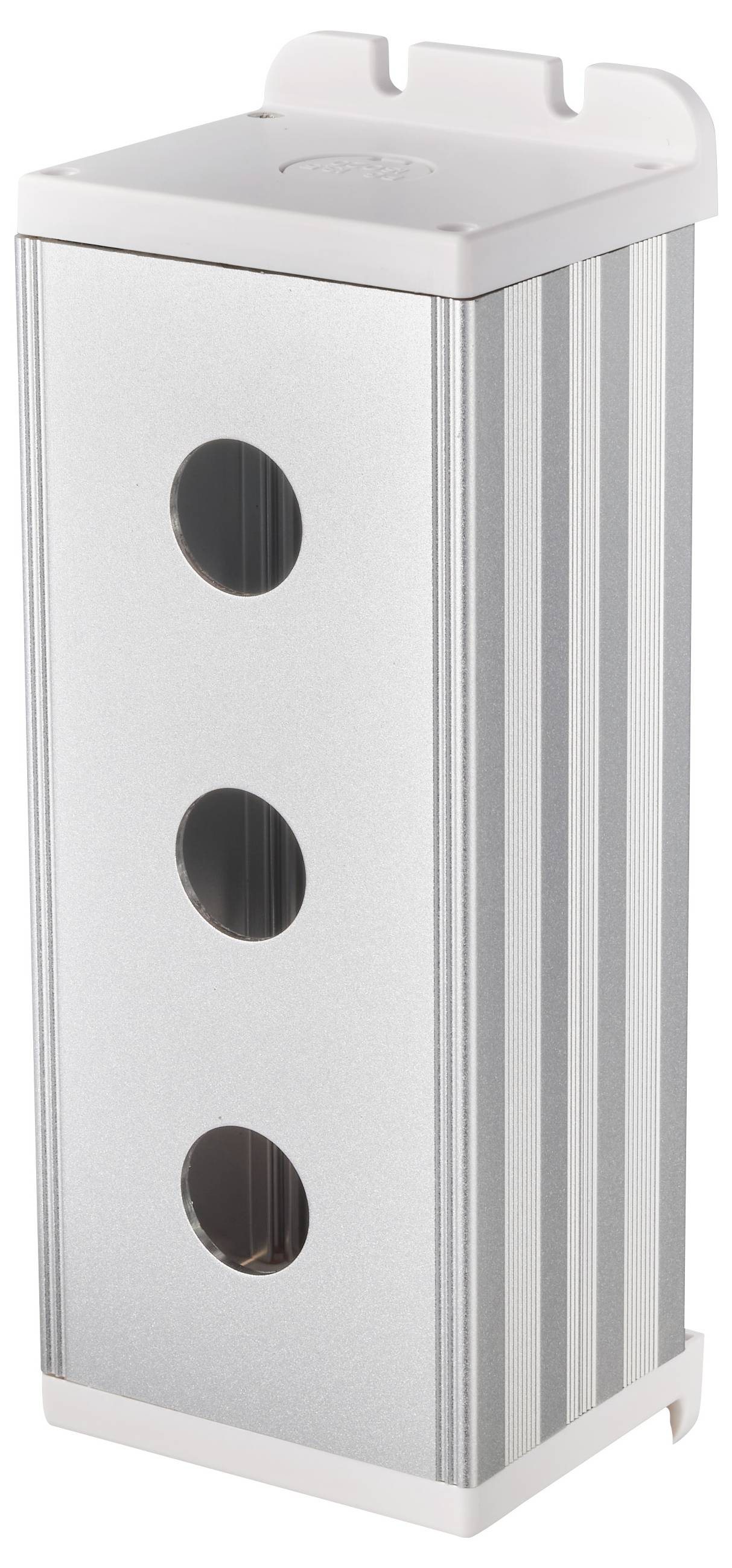 Eine silberfarbene Metalllagerkiste mit drei runden Aussparungsfenstern an der Vorderseite und einem passenden Deckel, shown auf einem einfachen Hintergrund.