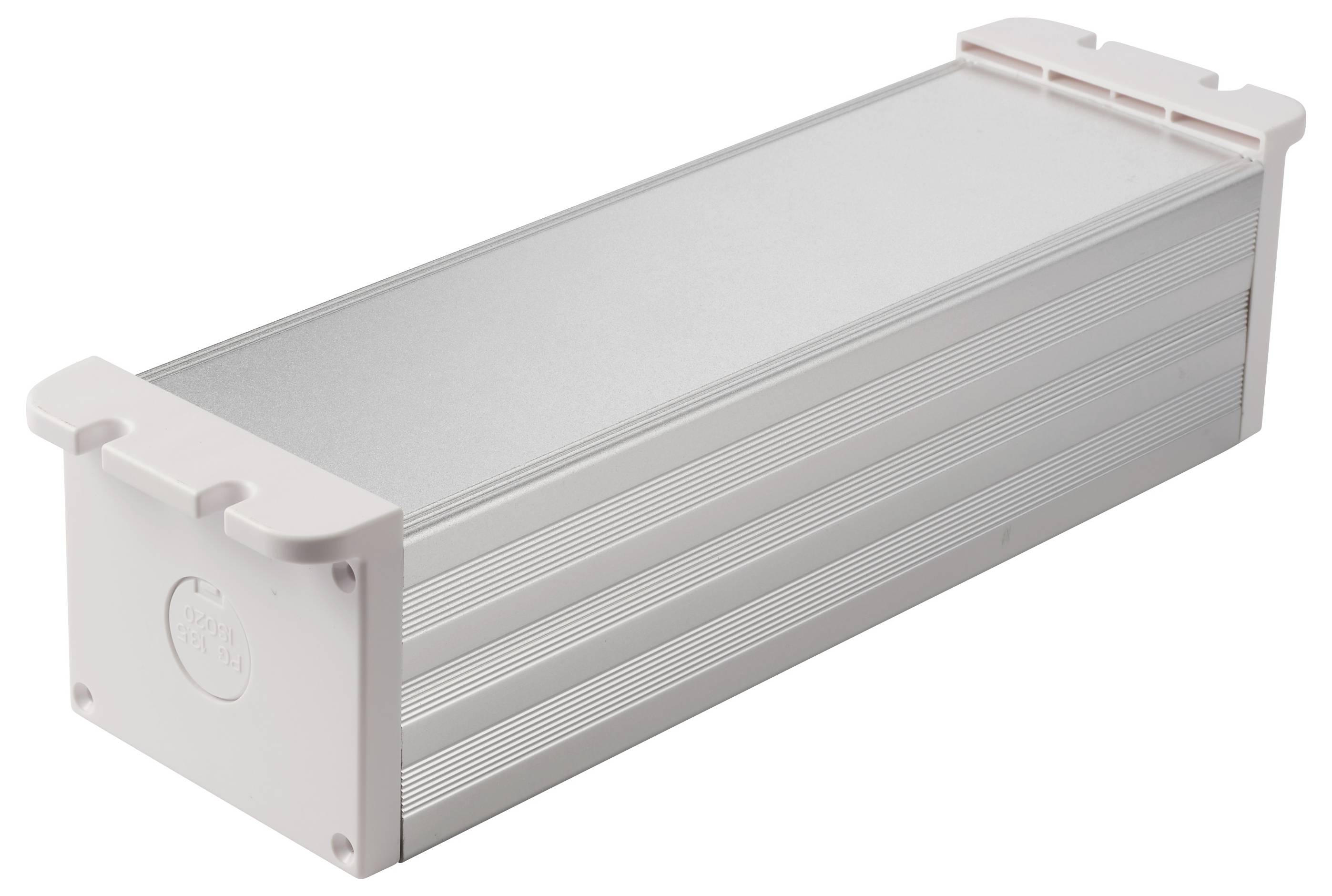 Rechteckiges Aluminium-Elektrogehäuse mit weißen Endkappen, dargestellt in Perspektive auf weißem Hintergrund.