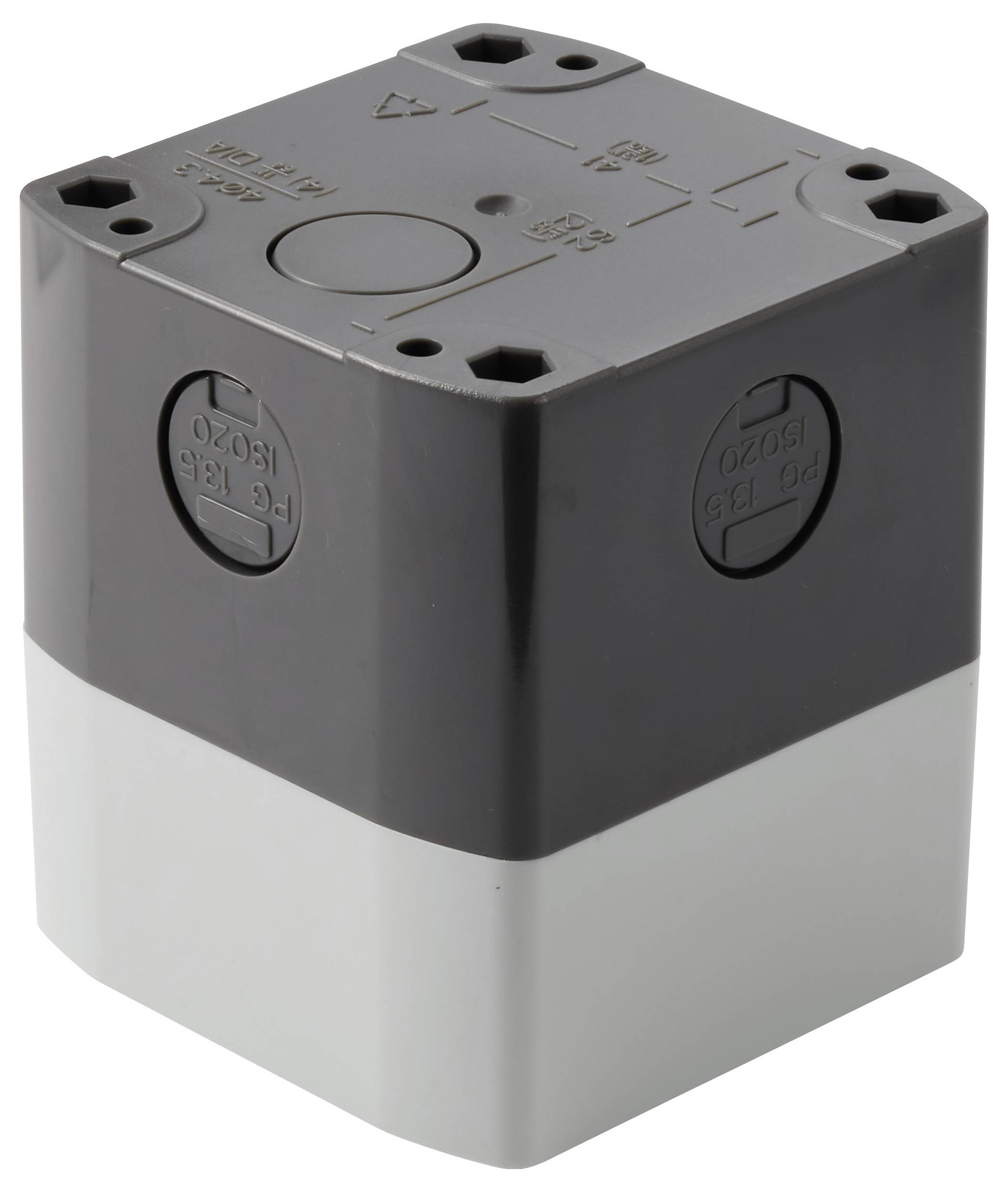 Graues Kunststoff-Elektroverteilungsgehäuse mit abnehmbarem Deckel und vier Befestigungslöchern in den Ecken, isoliert auf weißem Hintergrund dargestellt.