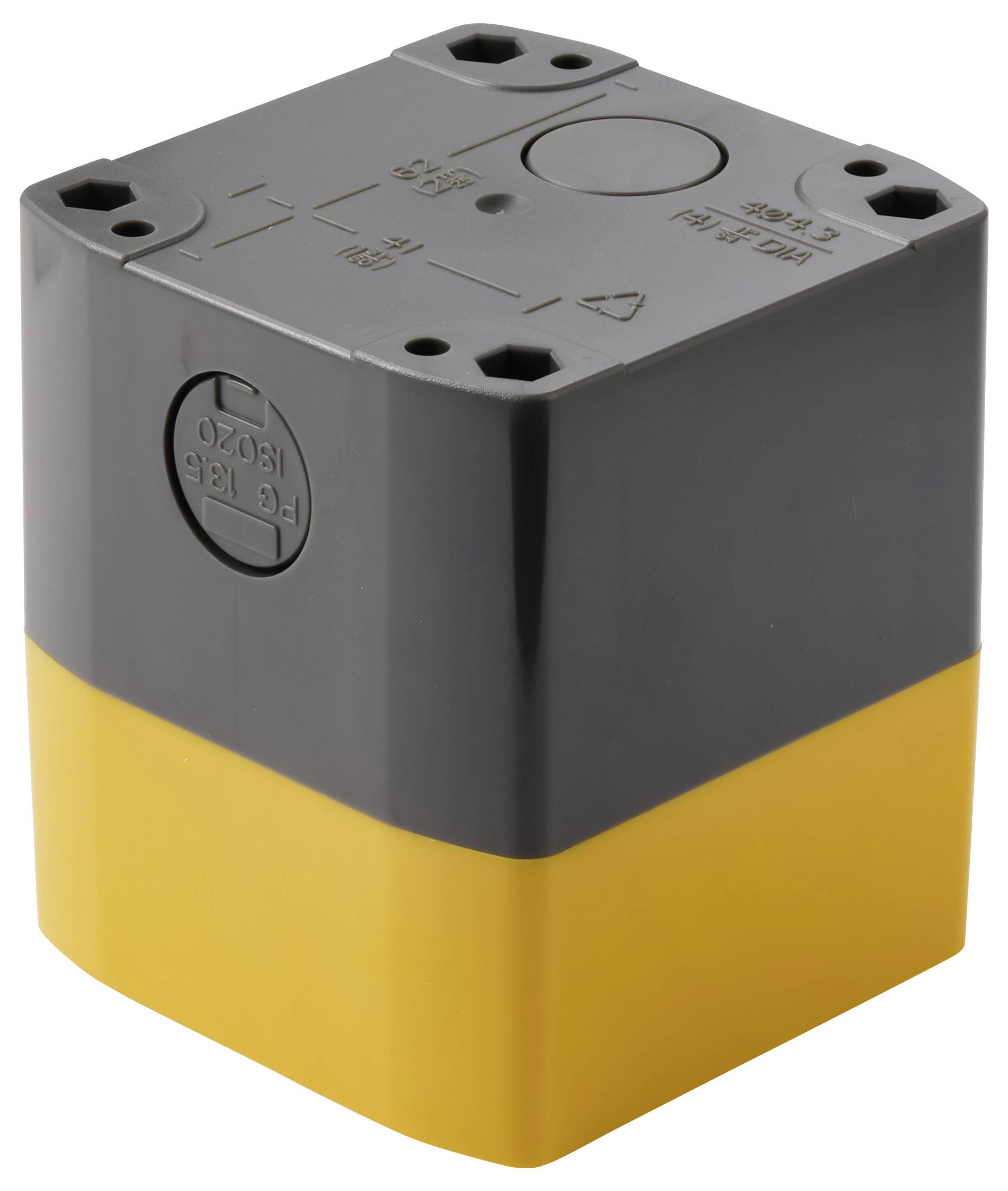 Gelbes und schwarzes rechteckiges Elektrogehäuse mit flacher Oberseite, Eckmontagelöchern und geformten Markierungen.