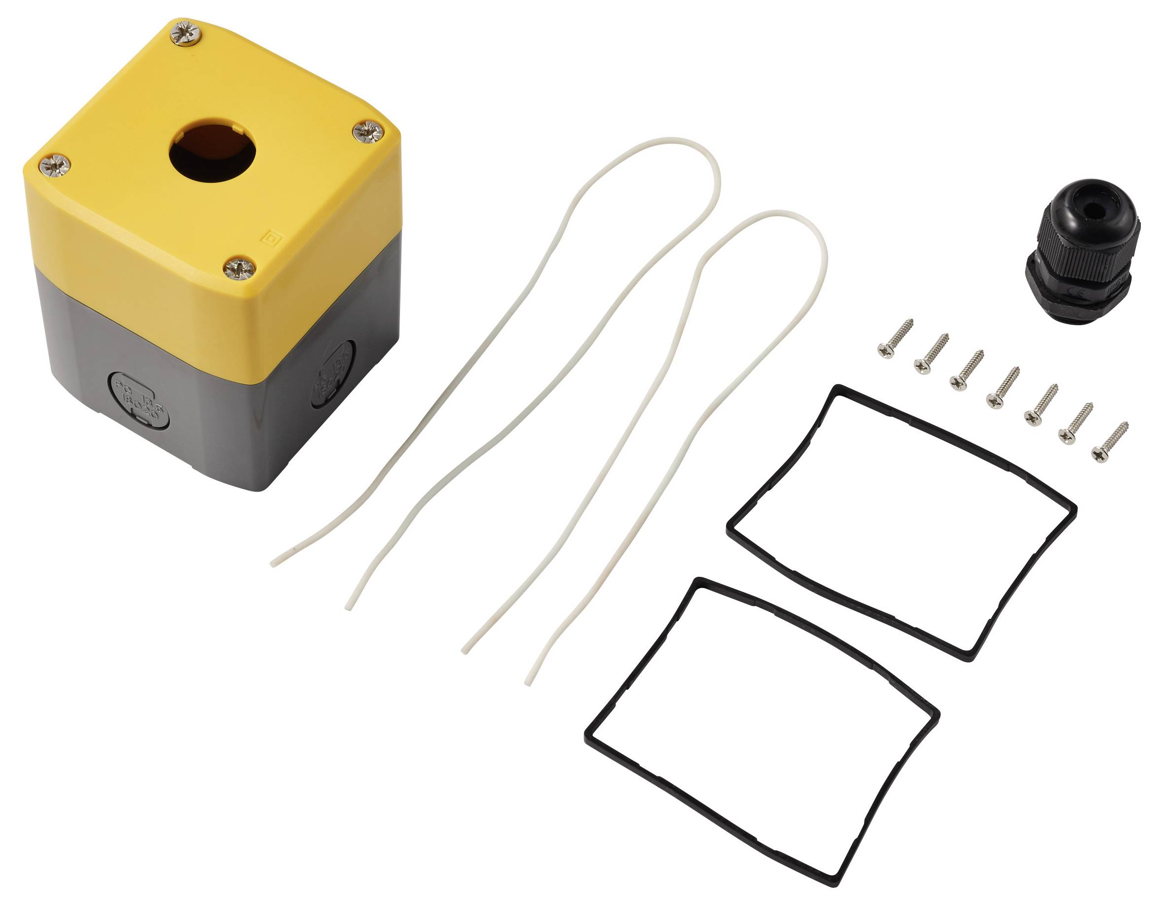 Gelbes und graues elektronisches Gerätegehäuse mit Befestigungsschrauben, zusammen mit zwei Kabeln, Dichtungen, einer schwarzen Steckerkappung und kleinen Schrauben auf weißem Hintergrund.
