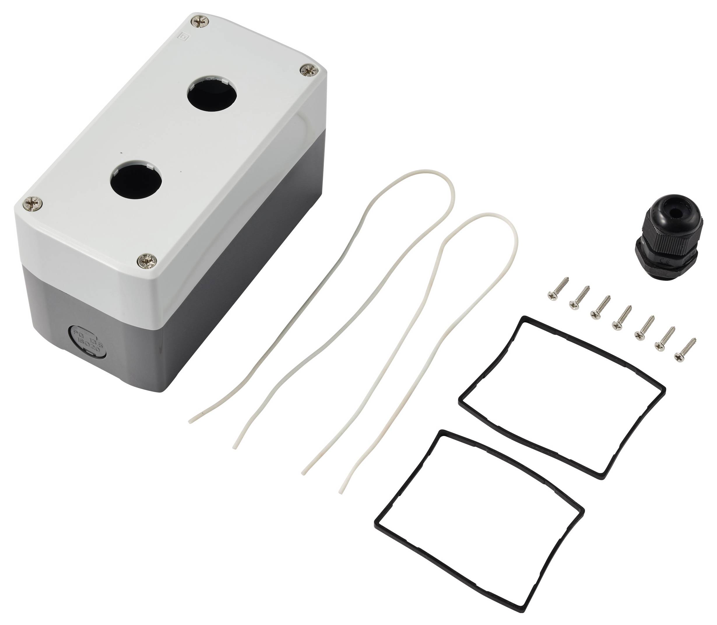 Weißes und graues rechteckiges Gerät mit zwei kreisförmigen Öffnungen, dargestellt mit zwei Kabeln, Schrauben, Dichtungsringen und einem schwarzen Stecker