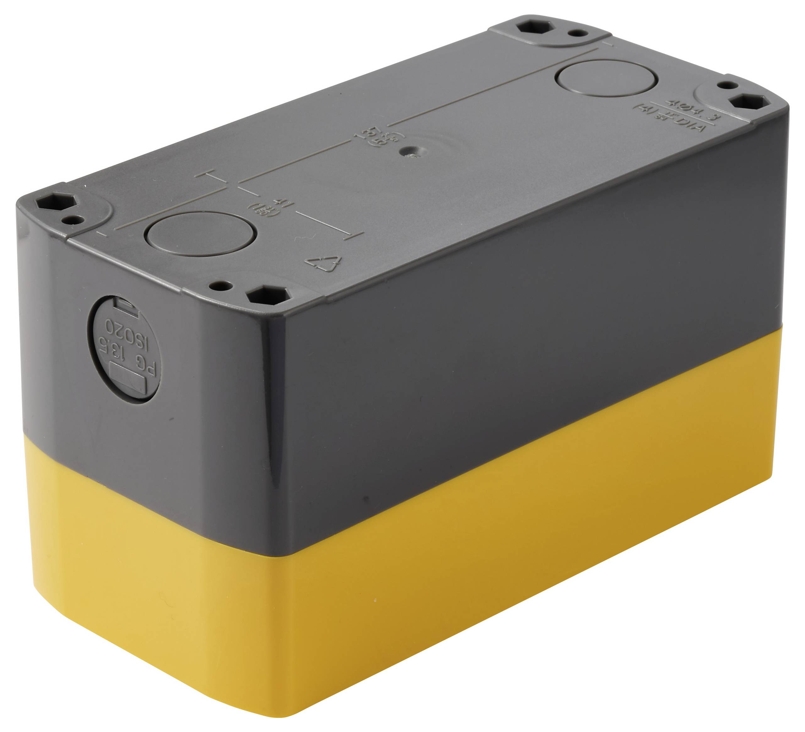 Rechteckige schwarz-gelbe elektrische Anschlussbox oder Gehäuse mit abnehmbarem Deckel und Schraubenlöchern in den Ecken, dargestellt auf weißem Hintergrund.