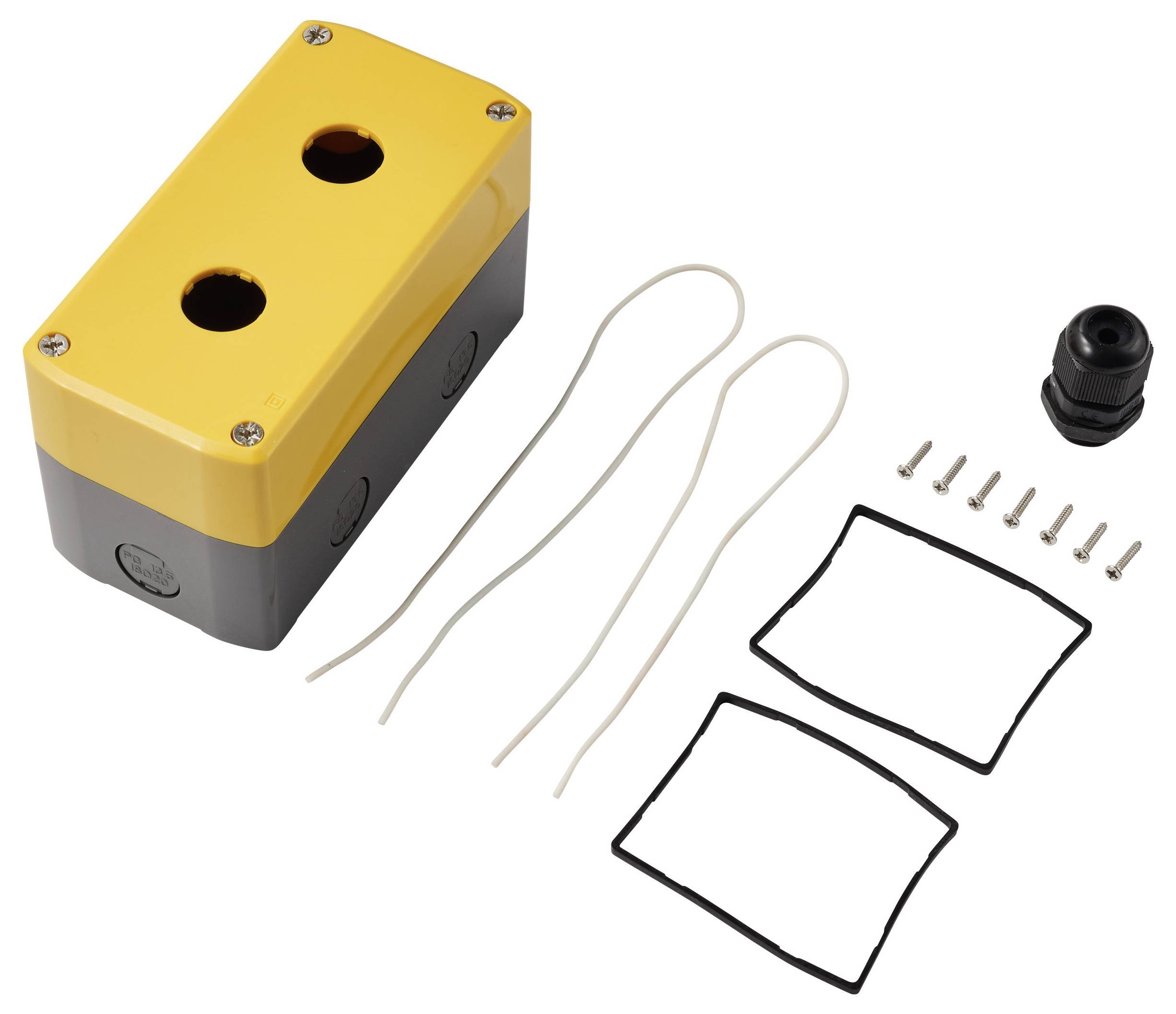 Gelb-graues Elektrogehäuse mit zwei Kabelöffnungen, dargestellt mit Drahtleitungen, Schrauben, Grommet und zwei Dichtungen auf weißem Hintergrund.