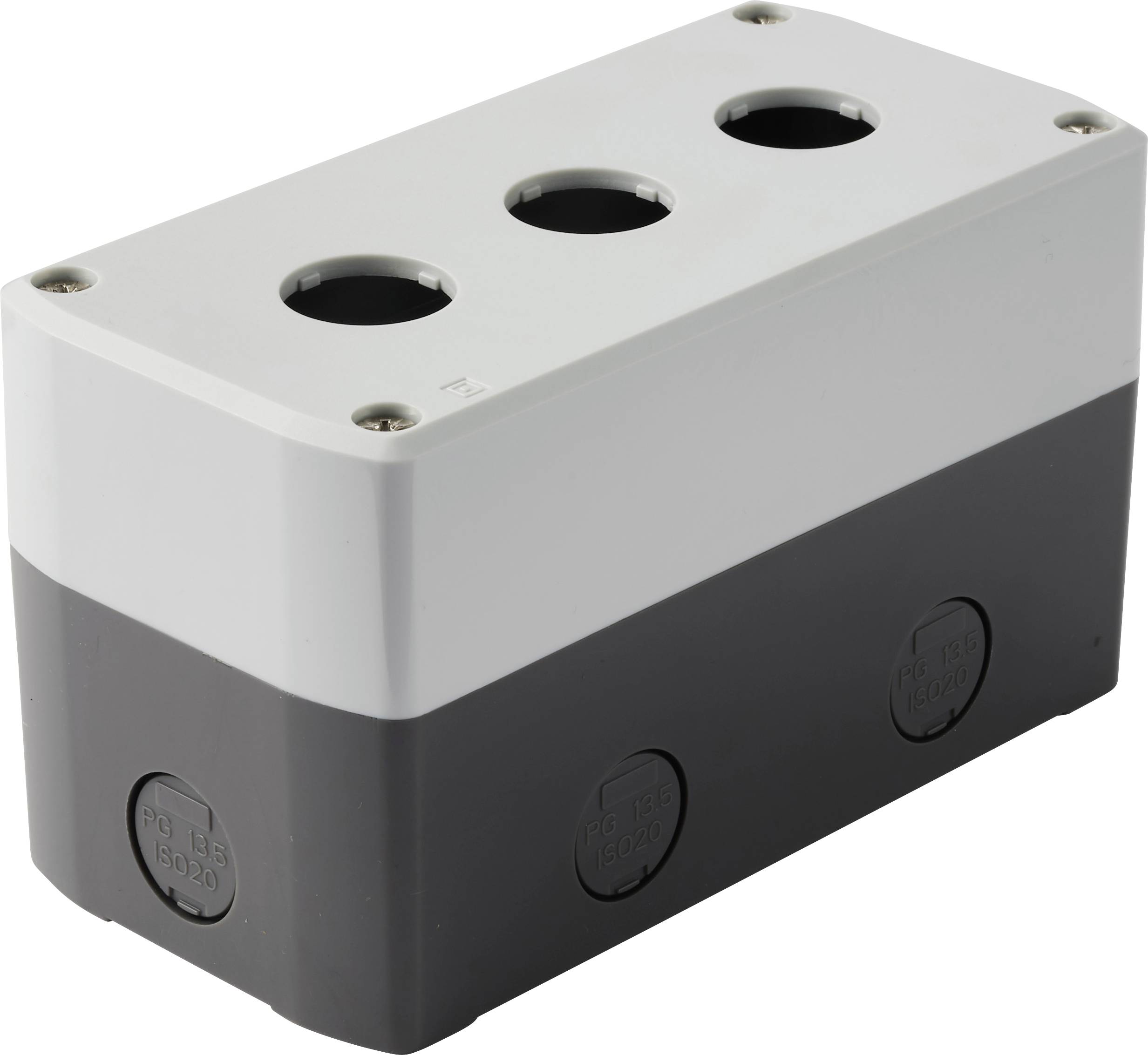 Graue und schwarze elektrische Verteilerdose mit vier kreisförmigen Öffnungen oben für Kabel oder Rohre.