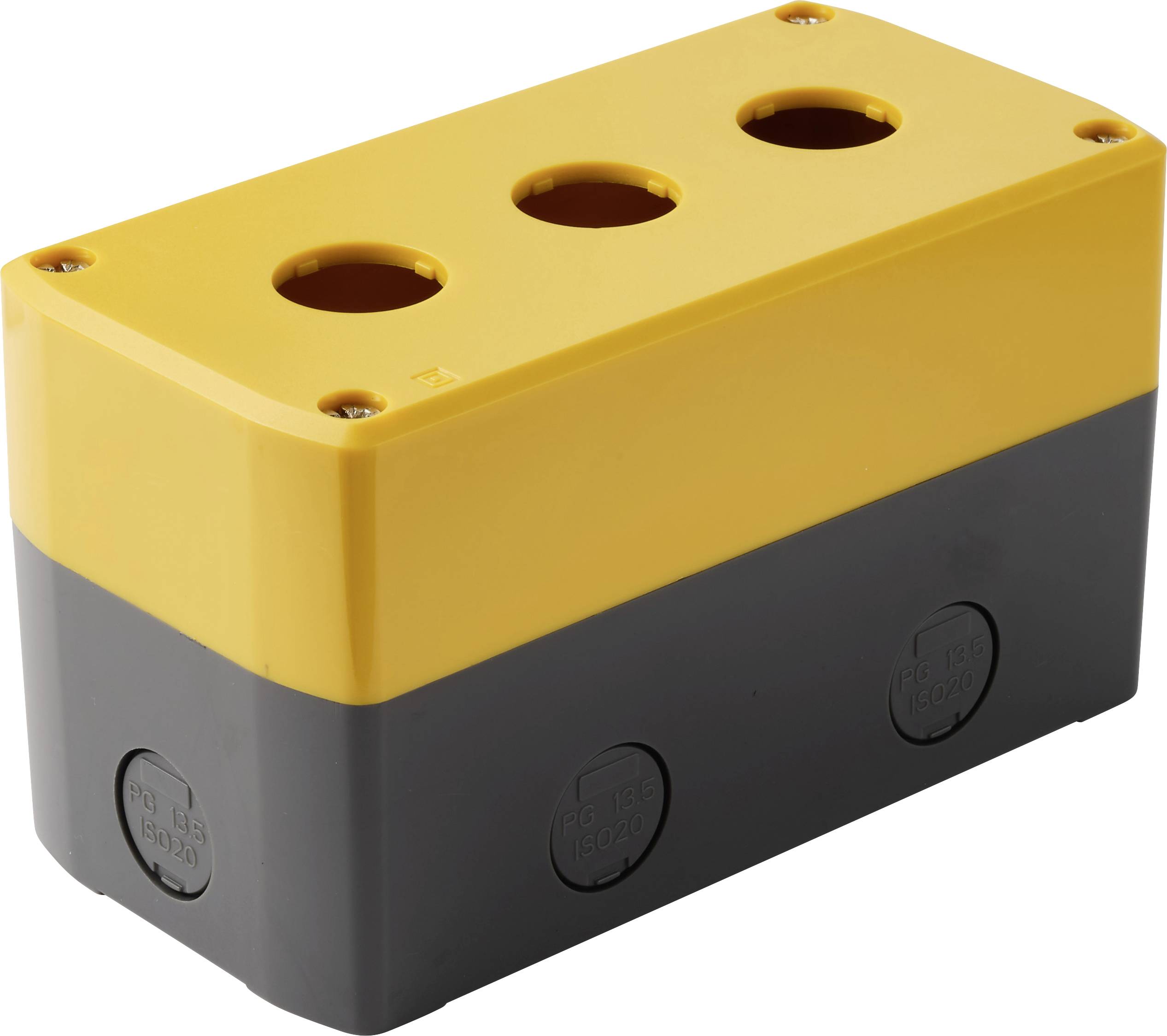 Gelbe und schwarze rechteckige Elektroverteilerdose mit vier kreisförmigen Öffnungen oben und seitlichen Kabeleinführungen.