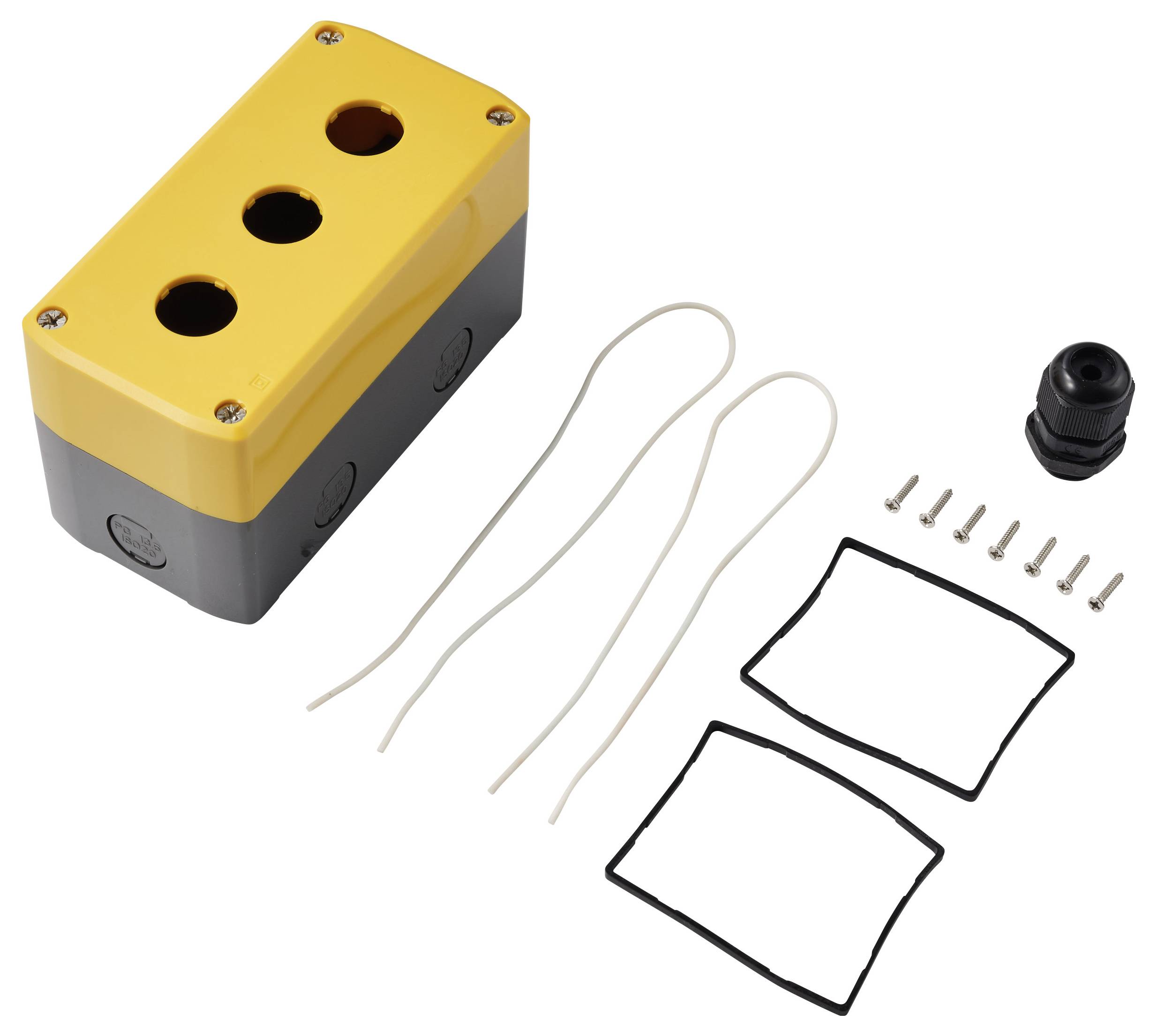Gelbes und graues Elektroverteiler-Set mit drei Kabelöffnungen, Kabeln, Schrauben, Grommet und zwei Dichtungsringen auf weißem Hintergrund