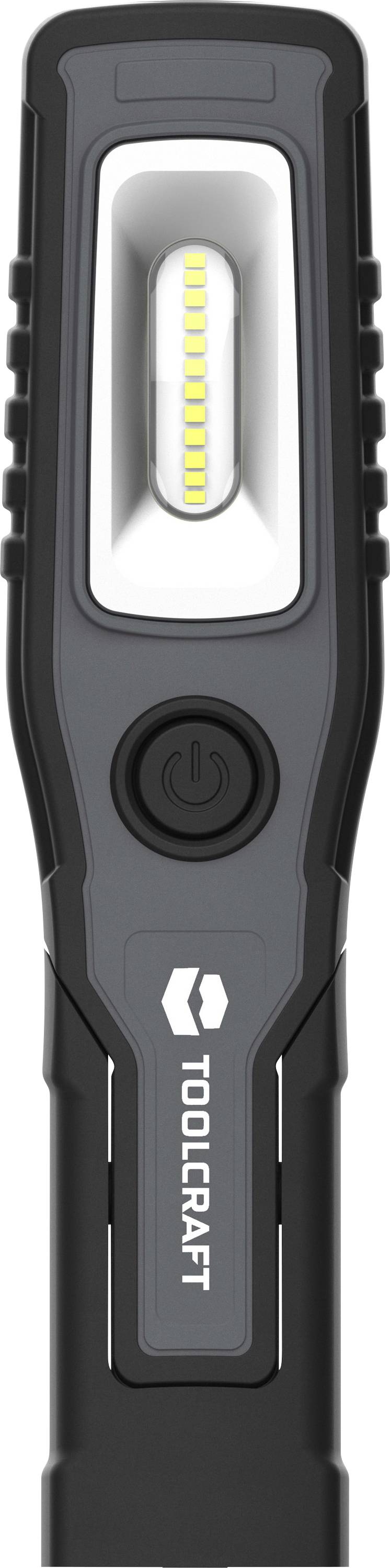 Schwarze tragbare Toolcraft LED-Werkstattleuchte mit zentraler Einschalttaste und vorderem Leuchtfeld.