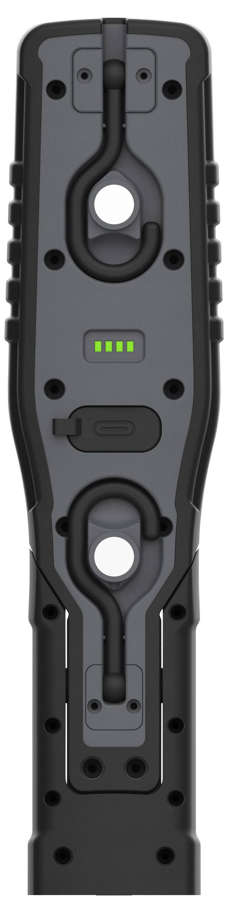 Vorderansicht eines schwarzen tragbaren Geräts mit einem zentralen Riemen und zwei kreisförmigen Öffnungen sowie einem kleinen grünen Balken-Batterieanzeiger mit vier Strichen.
