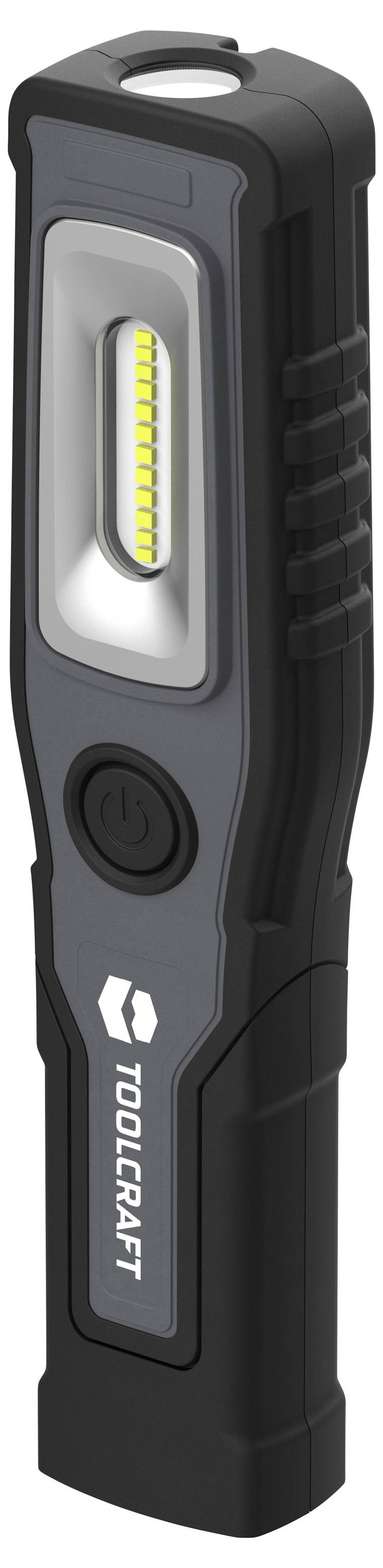 Schwarze Toolcraft tragbare LED-Arbeitsleuchte mit vorderer Lichtleiste, Stromschalter und oberer Hakengrifff.