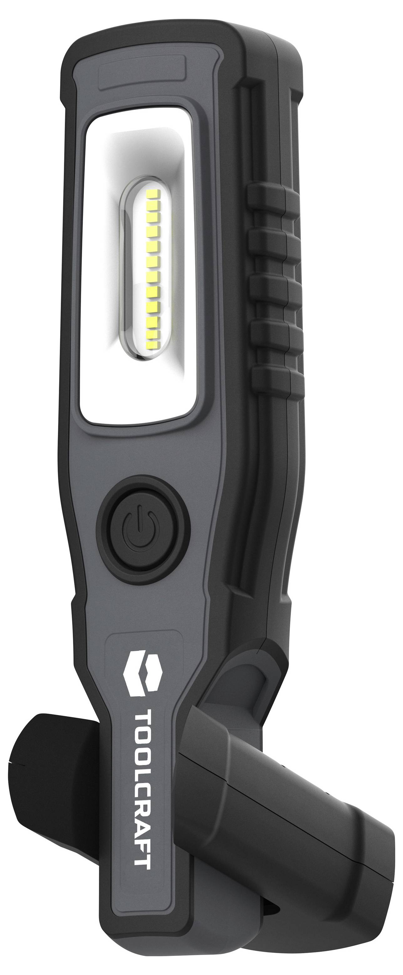 Black Toolcraft LED-Arbeitsleuchte mit frontalem Lichtpanel, seitlichem Einschalter und schwenkbarer Basismontierung.