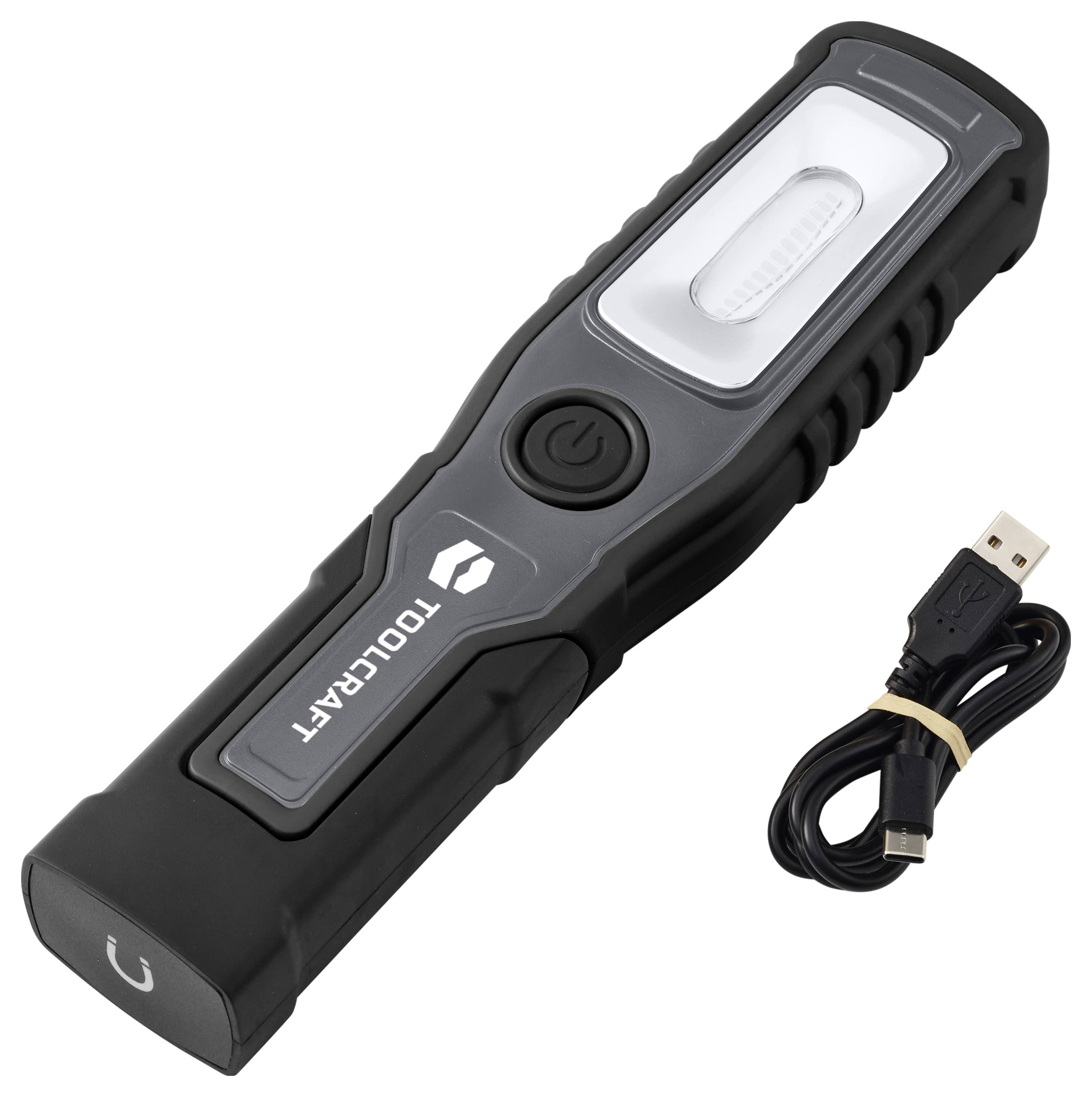 Schwarze wiederaufladbare LED-Arbeitsleuchte mit Ein-/Ausschalter und mitgeliefertem USB-Ladekabel.