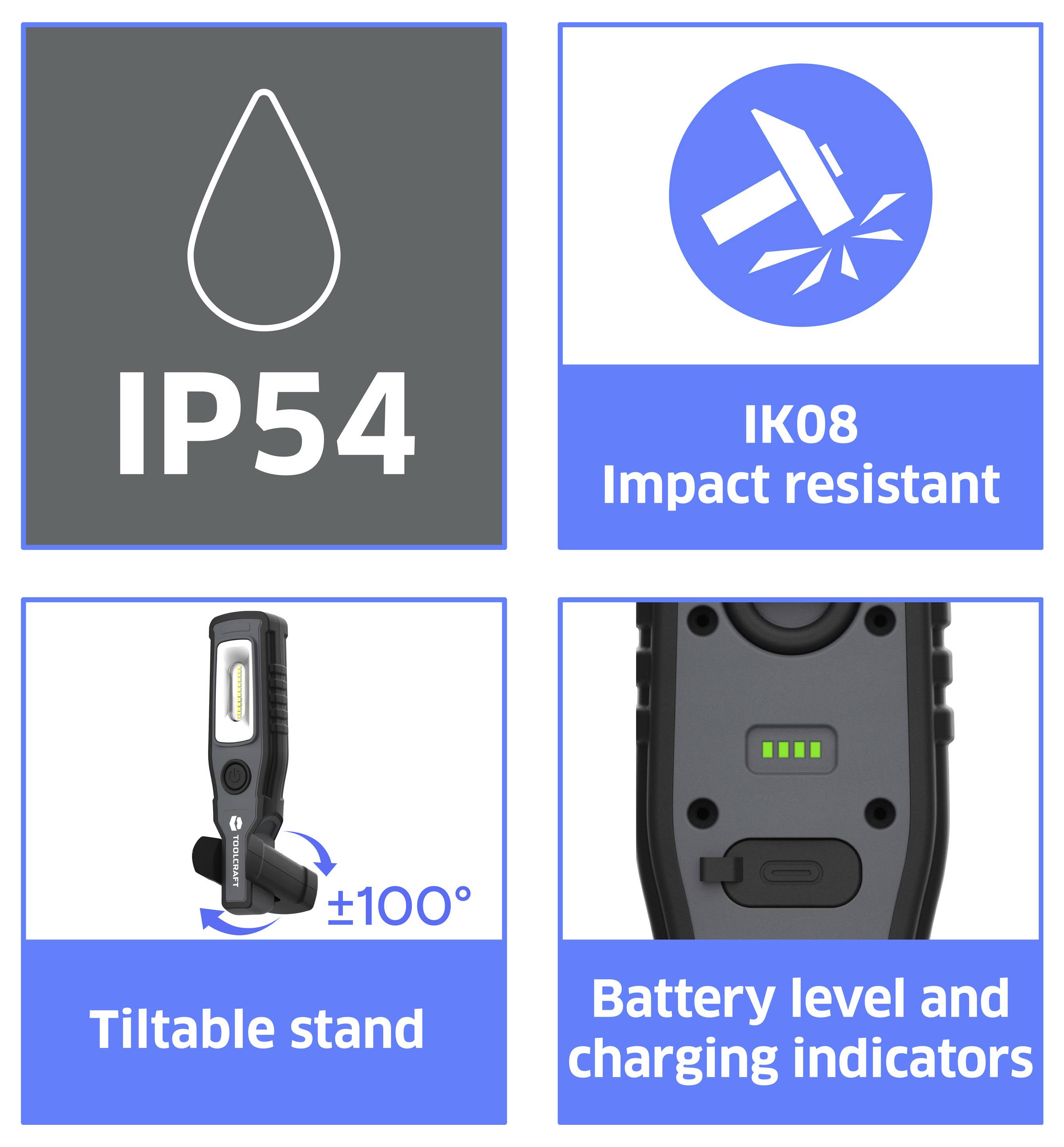 Vier Funktionspanels zeigen IP54-Wasserschutz, IK08-Stoßfestigkeit, einen neigbaren Ständer mit ±100°-Verstellung und Akkuladestand- sowie Ladesymbole.