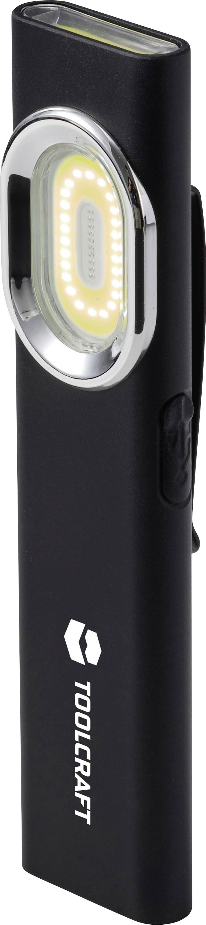 Schwarze Toolcraft Clip-on LED-Arbeitsleuchte mit rundum leuchtendem Kopf und seitlicher Stromschalter, aufrecht auf weißem Hintergrund dargestellt.