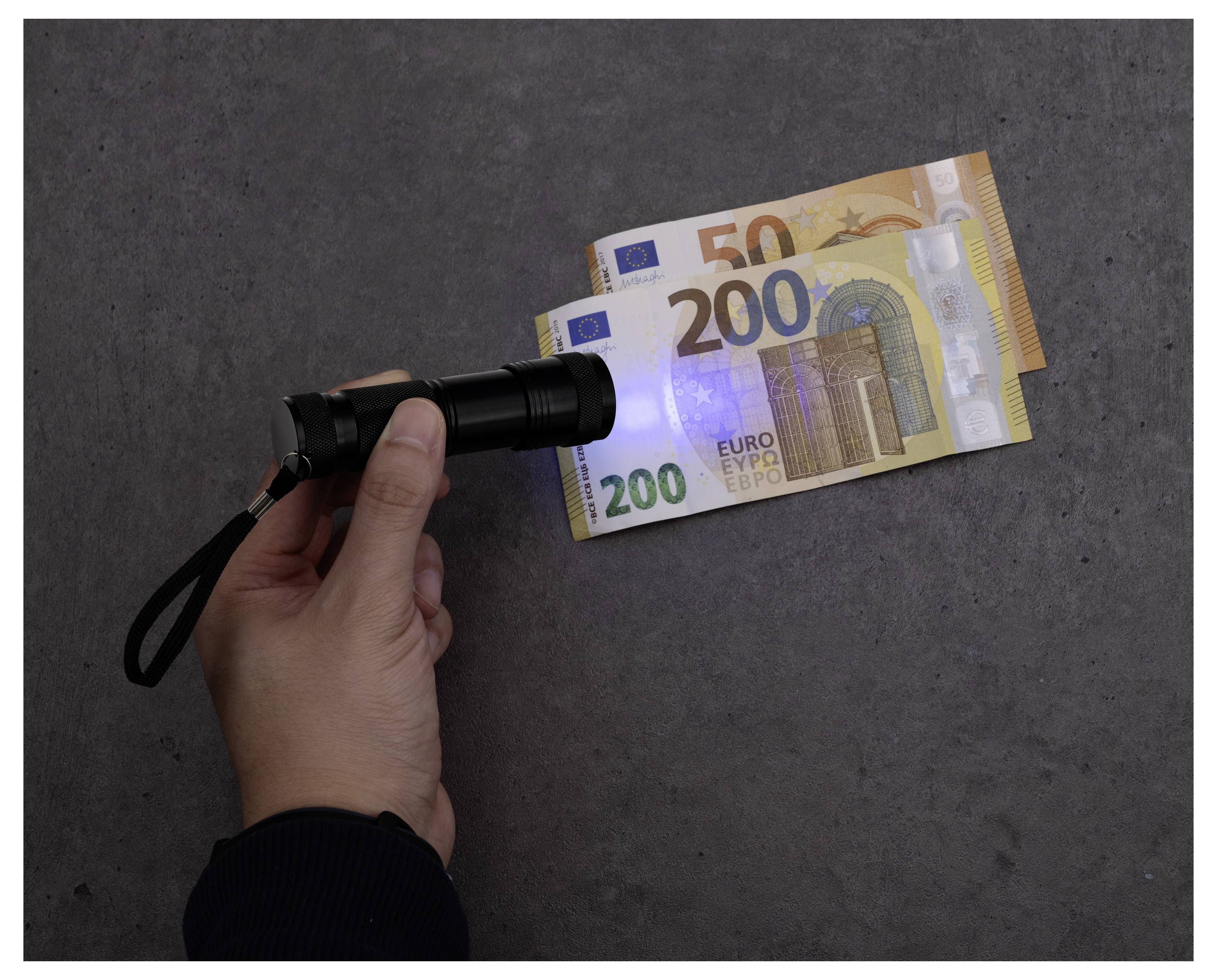 Eine Hand hält eine Taschenlampe über 50- und 200-Euro-Banknoten und beleuchtet die Scheine auf einer dunklen Oberfläche.