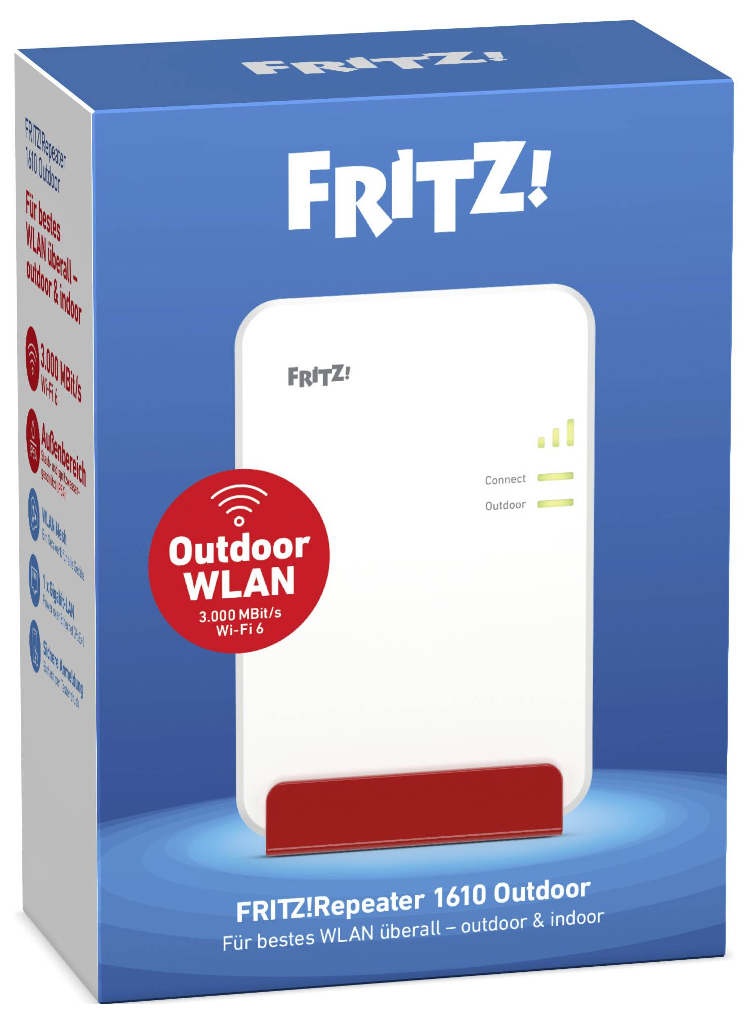 'FRITZ!Repeater 1610 Outdoor' Verpackung; Outdoor-WLAN-Repeater mit '3.000 Mbit/s, Wi-Fi 6'; Branding und Produktmerkmale hervorgehoben.