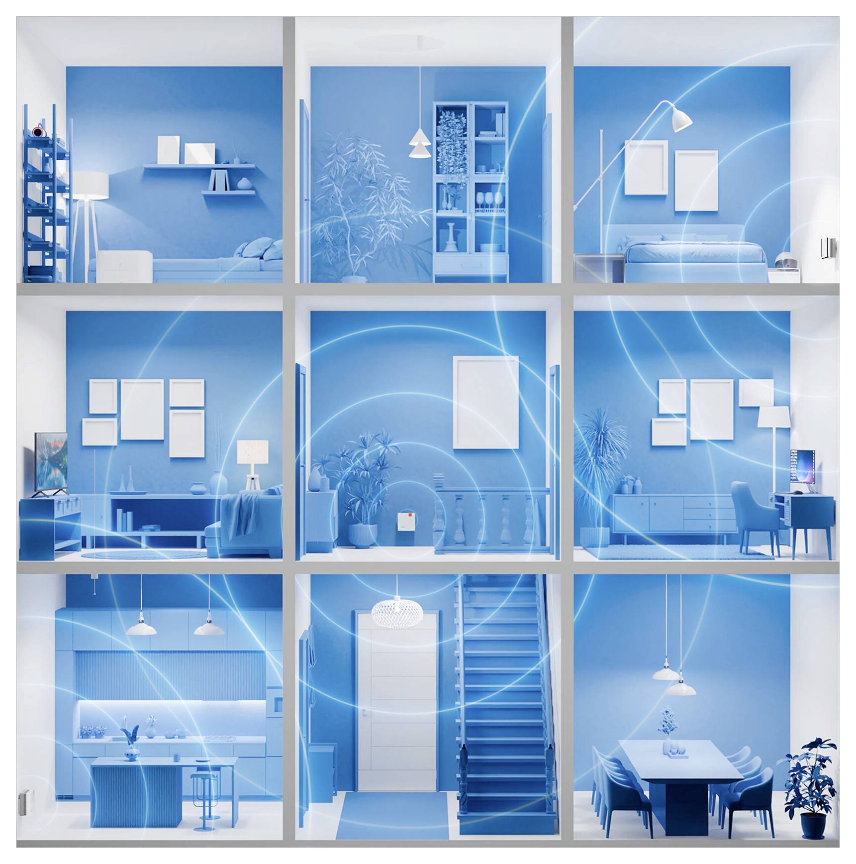 Illustration eines modernen Hauses mit miteinander verbundenen Räumen, die intelligente Technologie durch Lichtstrahlen in verschiedenen Bereichen hervorhebt.