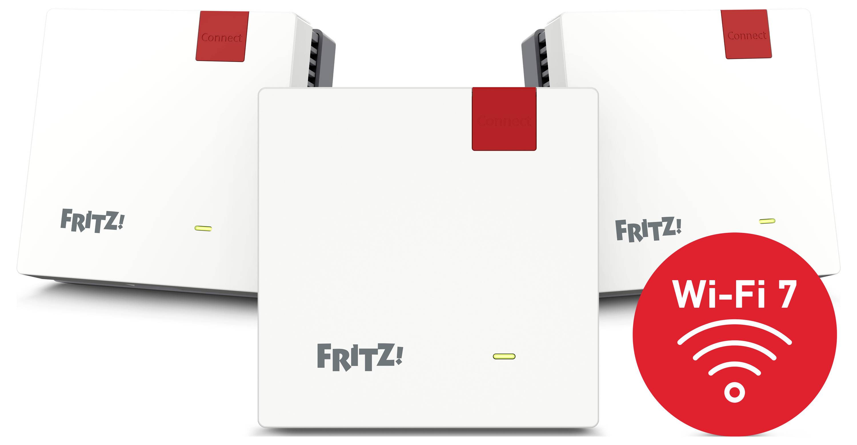Drei weiße Wi-Fi-Geräte mit einer roten Ecke zeigen das „Fritz!