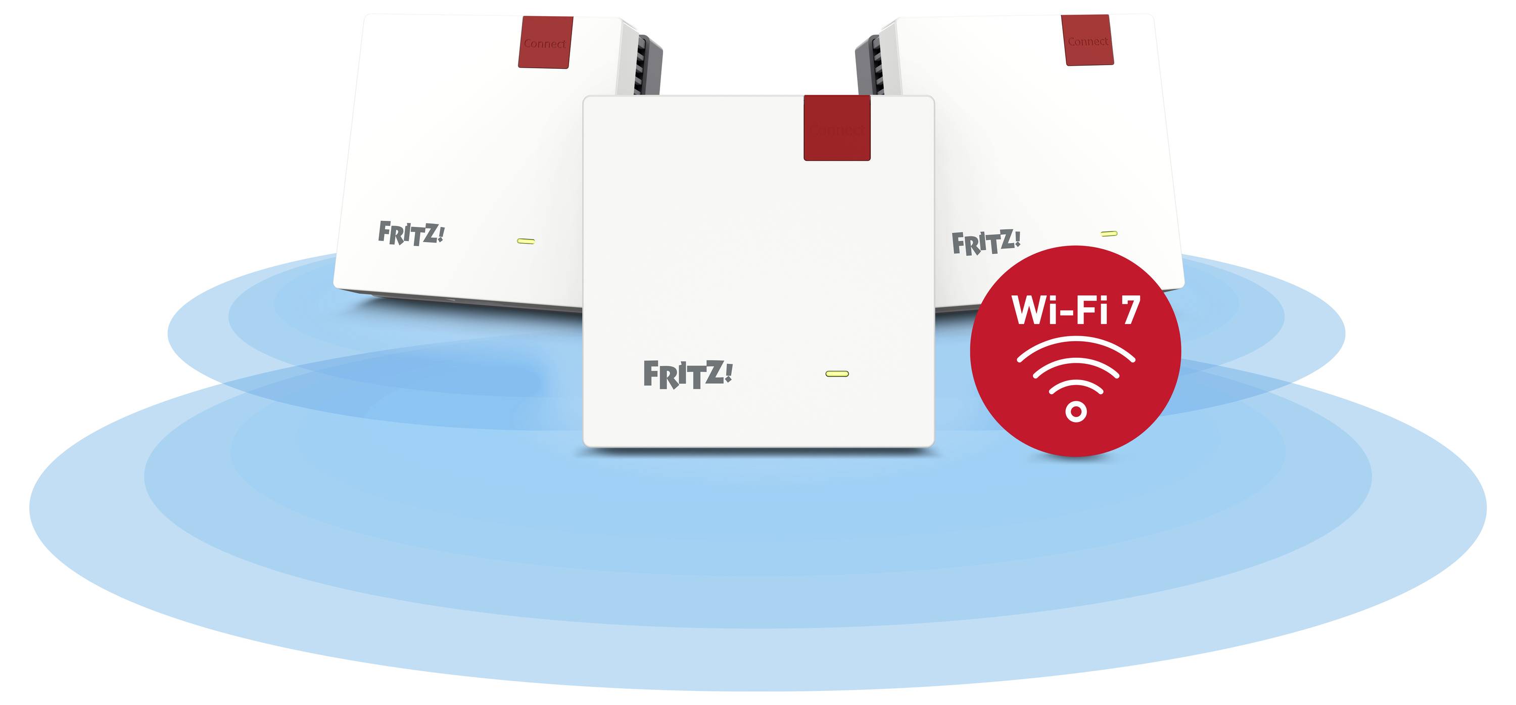 Drei Wi-Fi-7-Router mit der Bezeichnung „FRITZ!