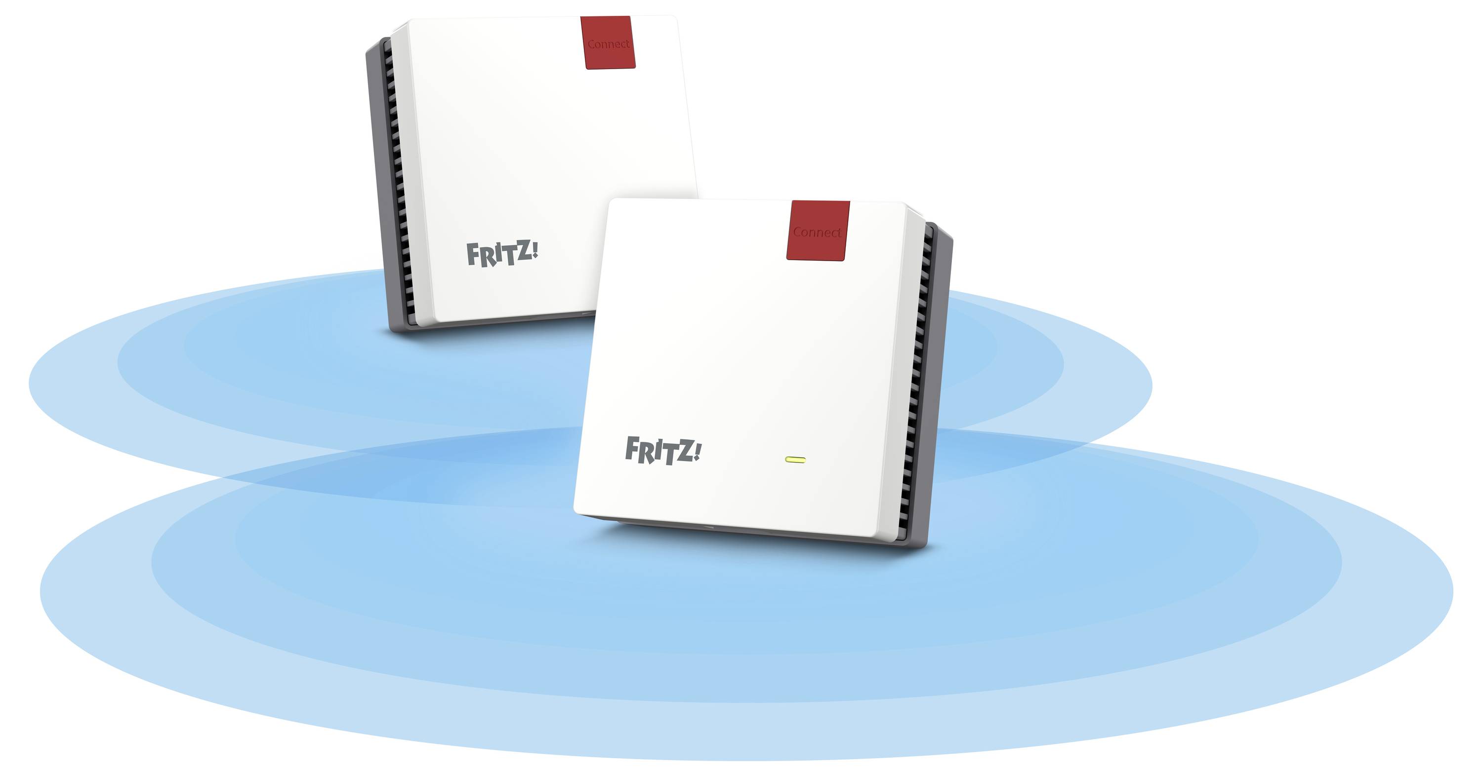 Zwei weiße FRITZ! Netzwerkgeräte mit roten Akzenten, positioniert auf überlappenden blauen Kreisen, die drahtlose Konnektivitätszonen andeuten.