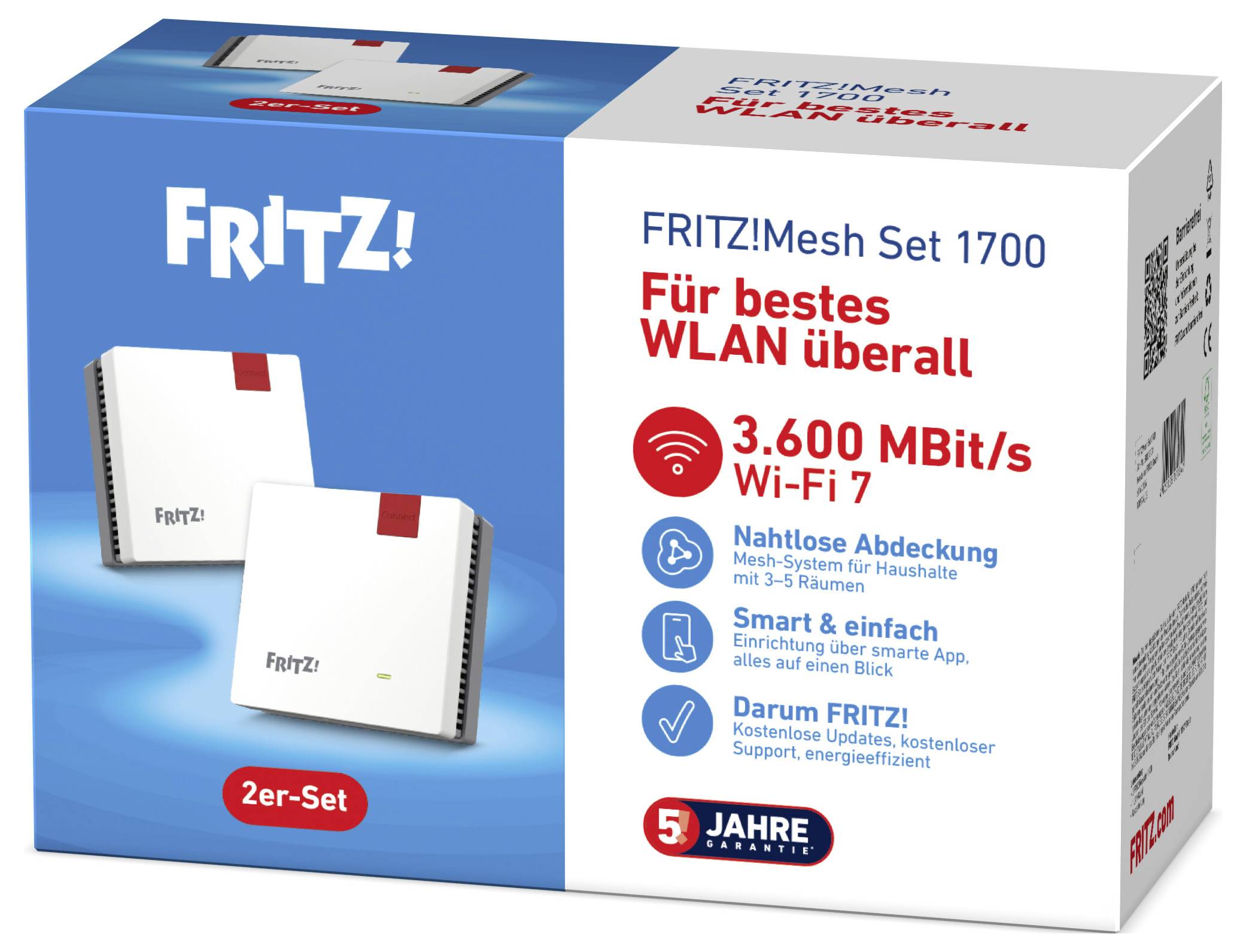 Das 'FRITZ! Mesh Set 1700' bietet Wi-Fi 7 mit 3.600 MBit/s, nahtlose Abdeckung und einfache Einrichtung. Enthält zwei Geräte und eine 5-jährige Garantie.