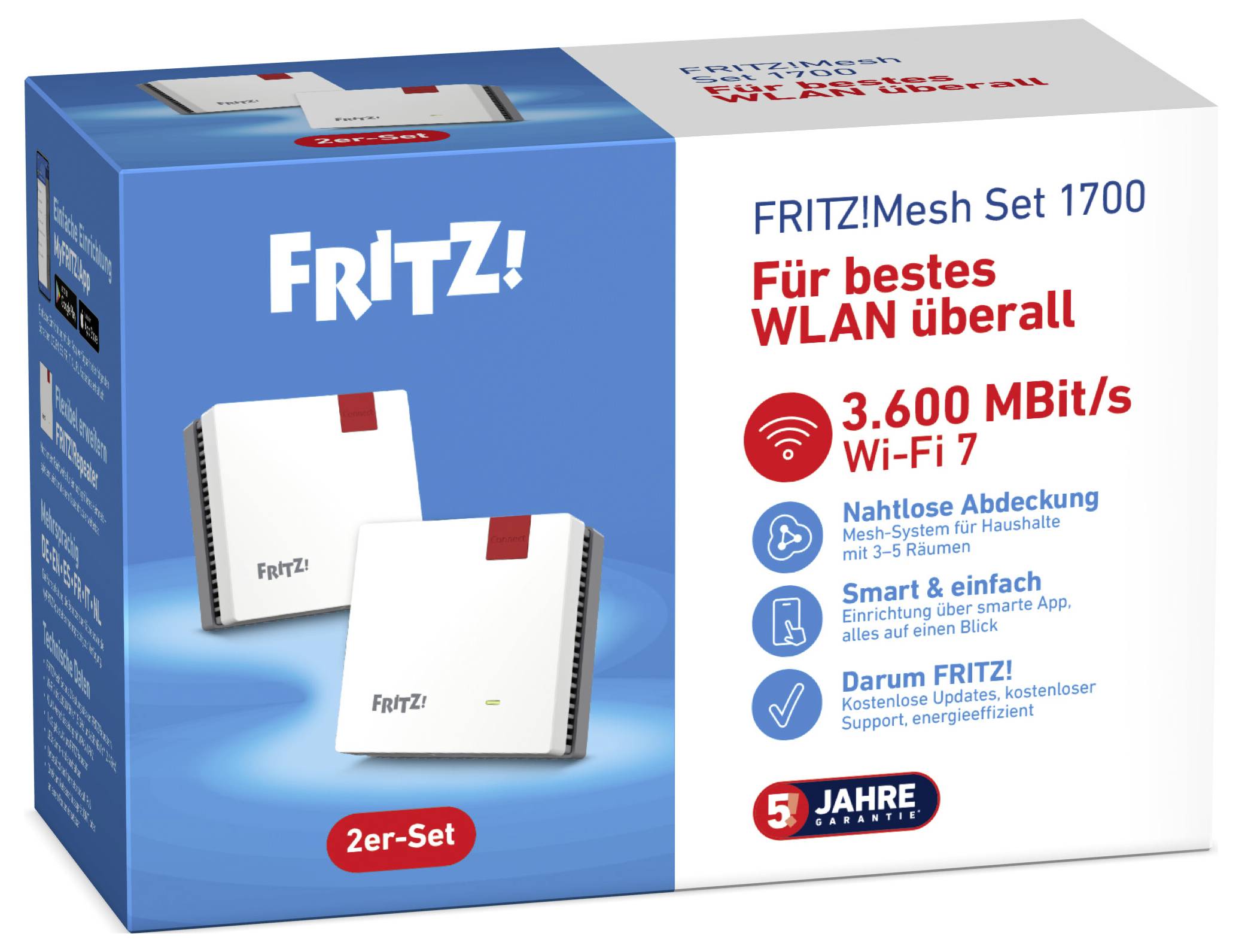 Ein blau-weißes FRITZ!Mesh Set 1700 Wi-Fi 7 Paket mit zwei Geräten. Highlights: 3.600 MBIT/s, nahtlose Abdeckung, einfache Einrichtung, 5 Jahre Garantie.