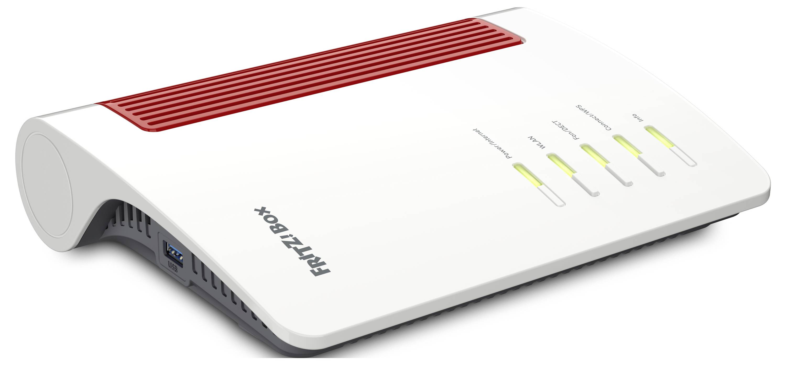 Ein weißer FRITZ!Box-Router mit roten Akzenten, mit mehreren Statusleuchten auf der rechten Seite und einem Luftauslass auf der oberen linken Seite.