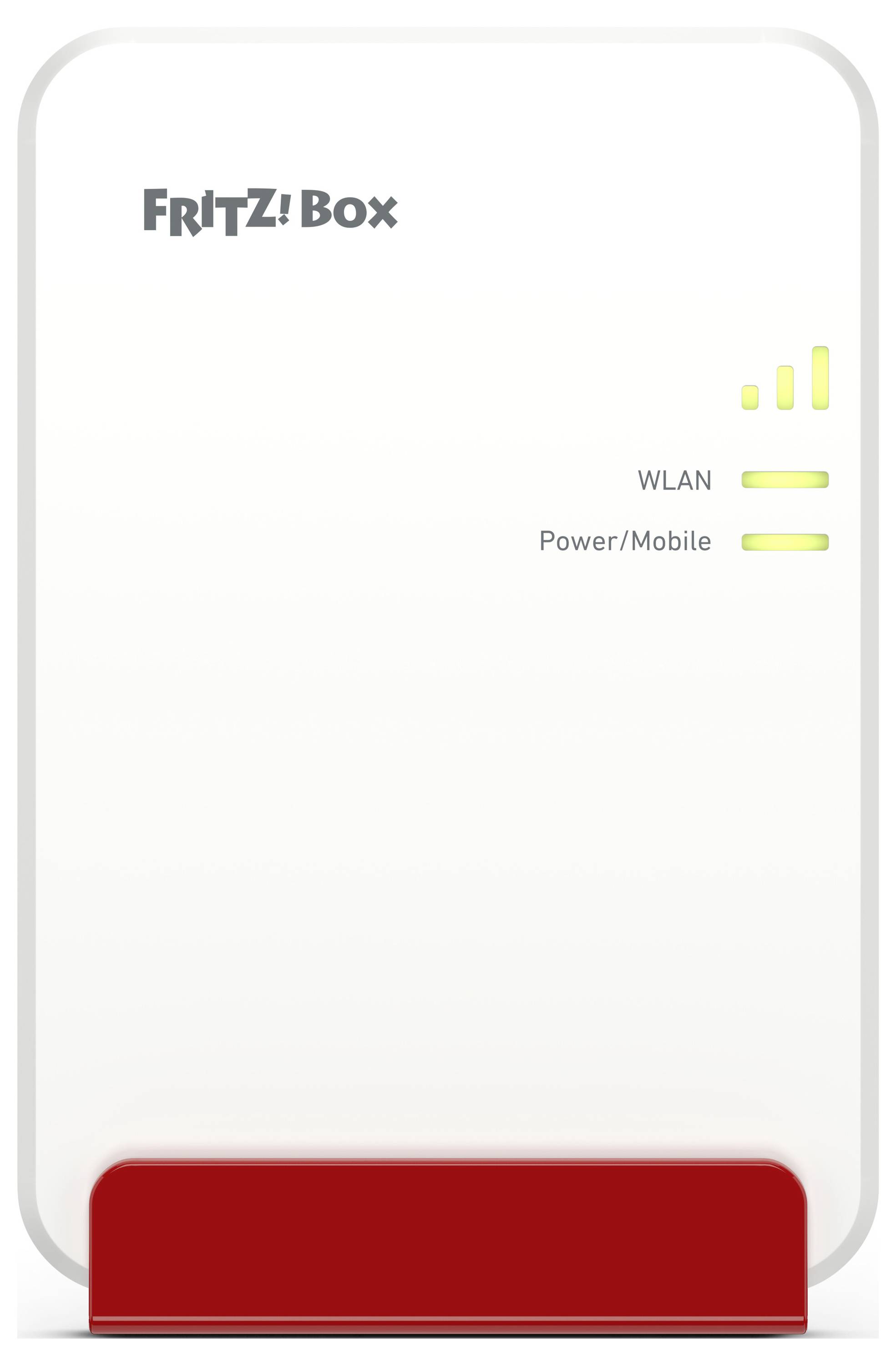 Ein FRITZ!Box-Router mit drei leuchtenden LED-Indikatoren mit den Bezeichnungen „WLAN