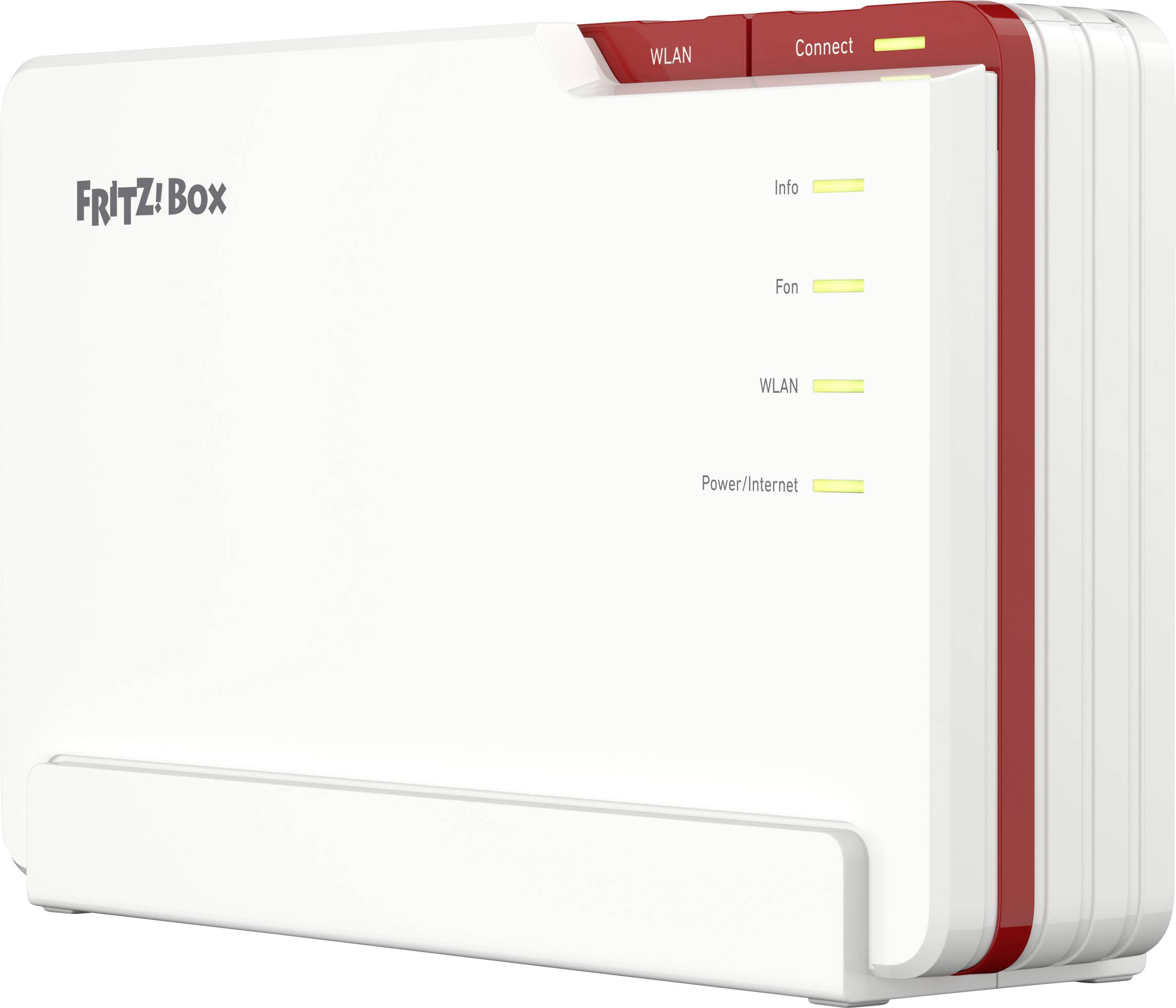 Ein weiß-rotes Fritz!Box-Modem mit Anzeigelichtern auf der Seite mit den Bezeichnungen „Info