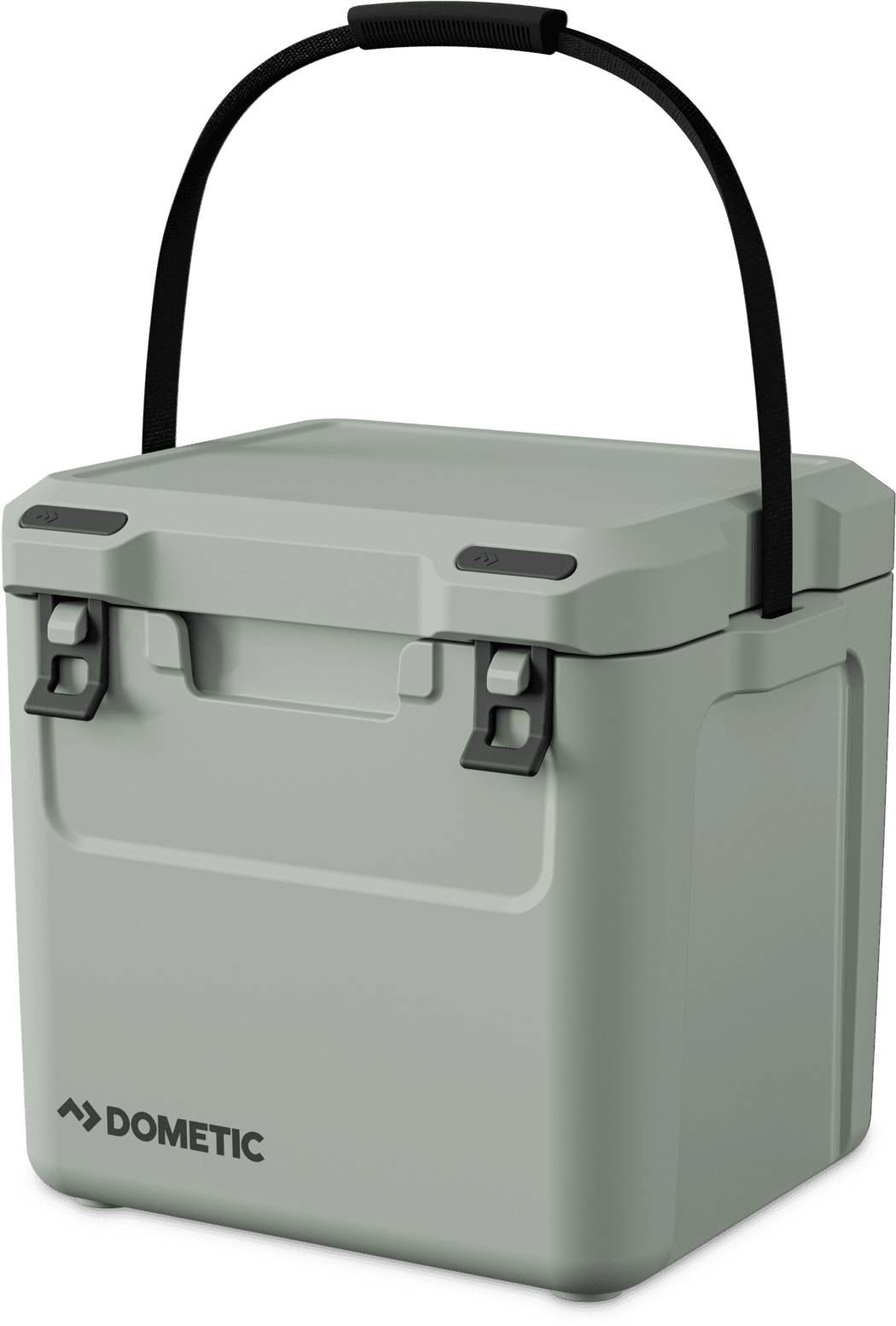 Tragbarer grauer Dometic-Kühlbox mit schwarzem Tragegriff und vorderen Verschlüssen, vor weißem Hintergrund abgebildet.