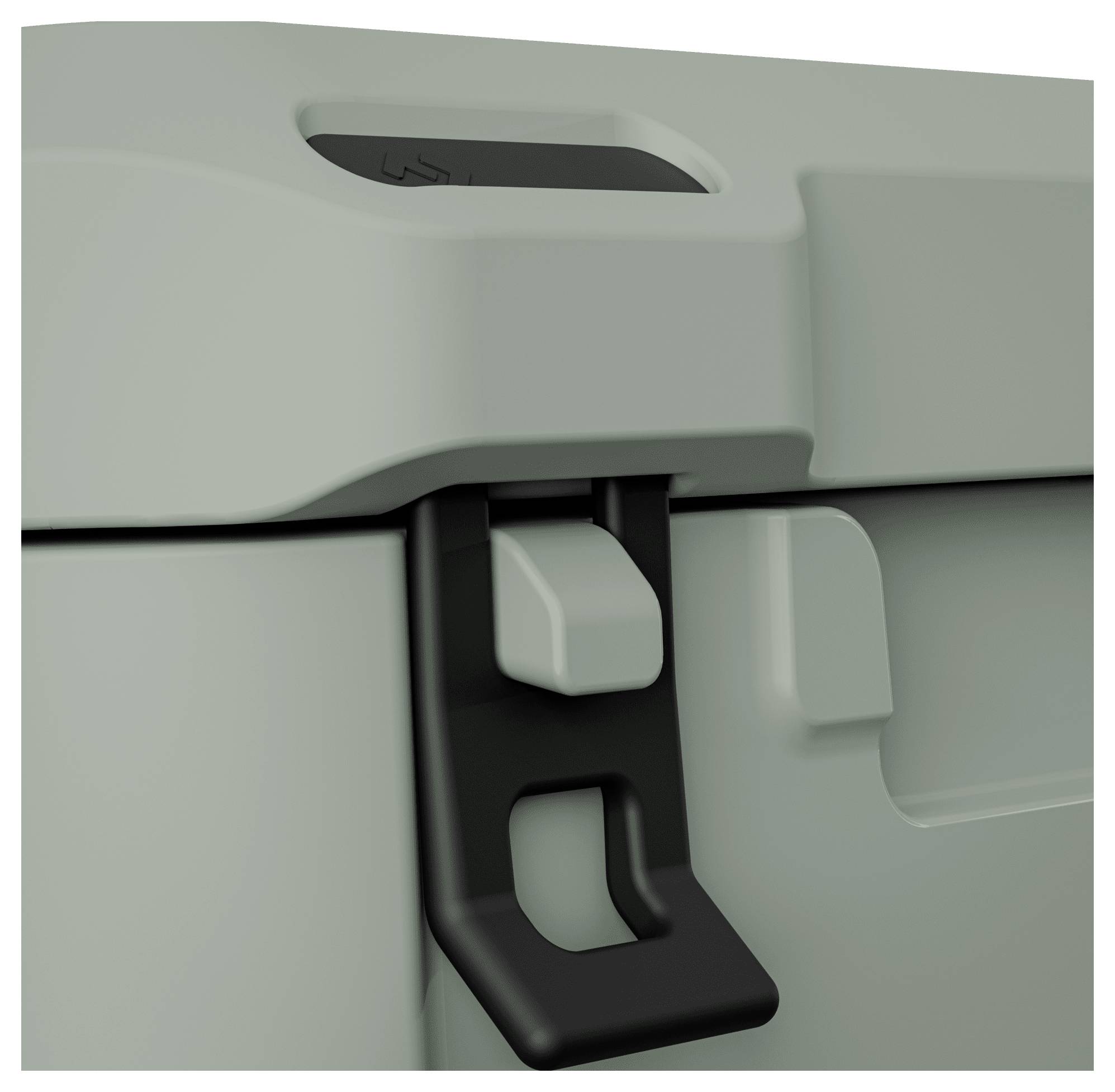 Nahaufnahme einer weißen Kunststoffverriegelung und eines schwarzen Scharniers an einer Behälterluke oder Gerätetür.