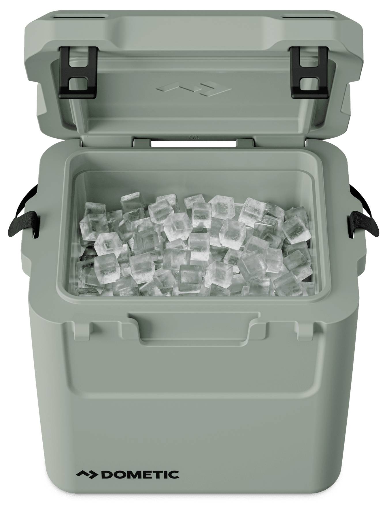 Offener grauer Dometic-Kühlbox mit angehobenem Deckel, gefüllt mit Eiswürfeln.