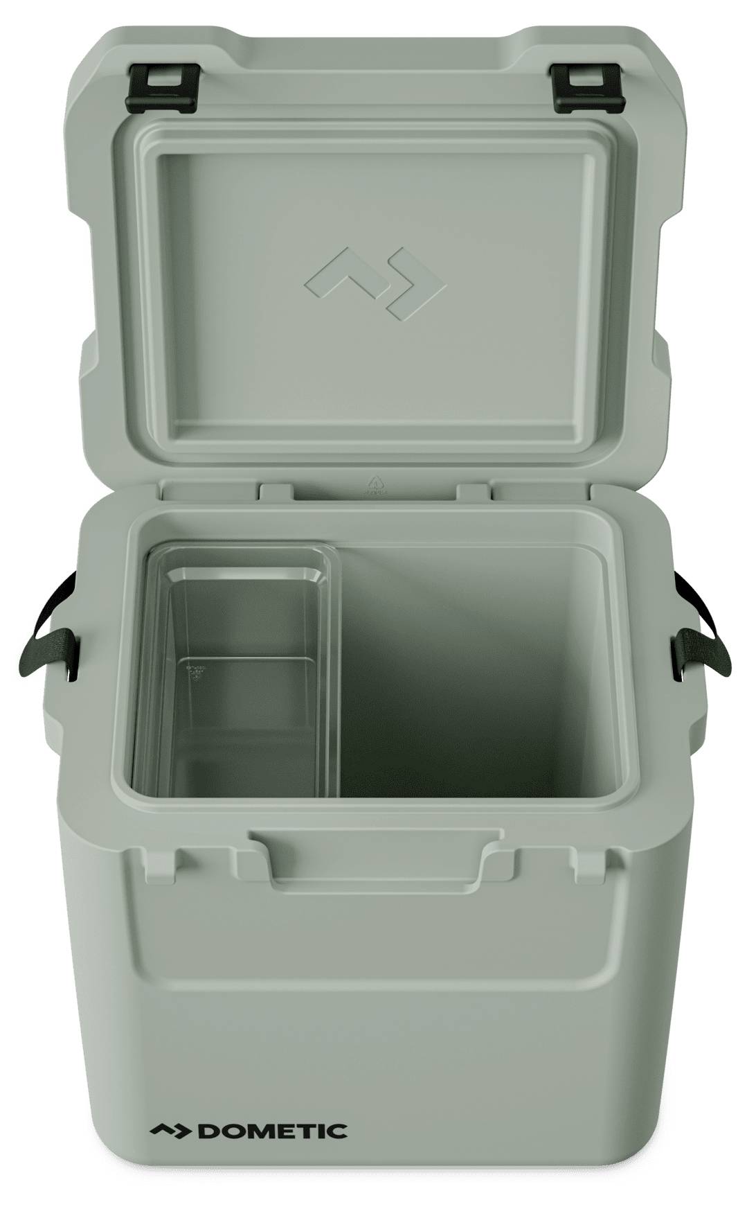 Offene grau Dometic-Kühlbox mit Klappdeckel und innerer Ablagemöglichkeit, Vorderansicht gezeigt.