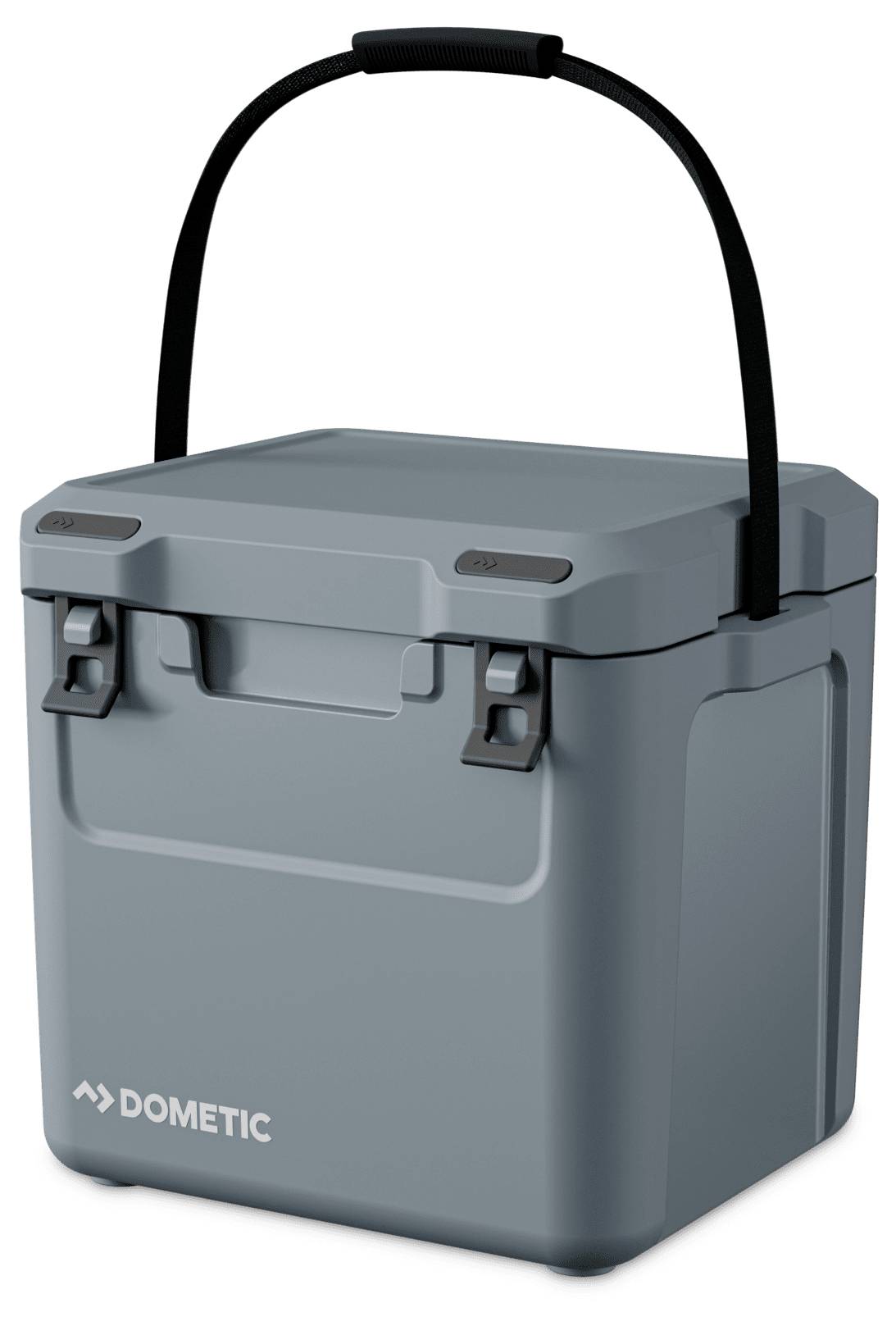 Grauer tragbarer Dometic-Kühlbehälter mit schwarzem Tragegriff und Verschlüssen, gezeigt vor weißem Hintergrund.