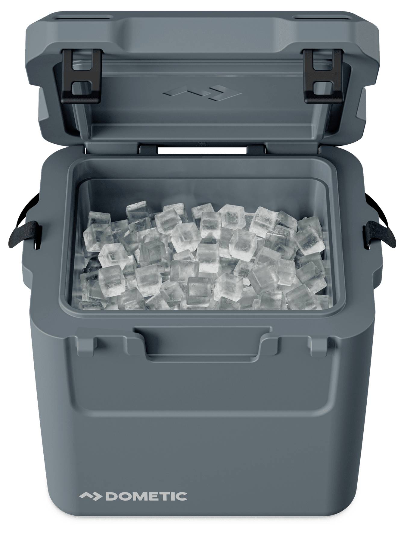 Offener grauer Dometic-Kühlbox mit Eiswürfeln gefüllt, von vorne gezeigt mit angehobenem Deckel.