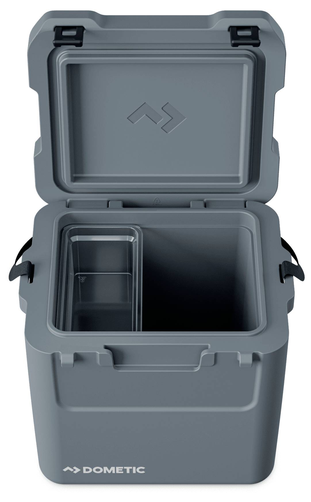 Offene graue Dometic-Kühlbox oder Aufbewahrungsbox mit angehobenem Deckel, die ein geteiltes Innenfach und eine leere Hauptkammer zeigt.