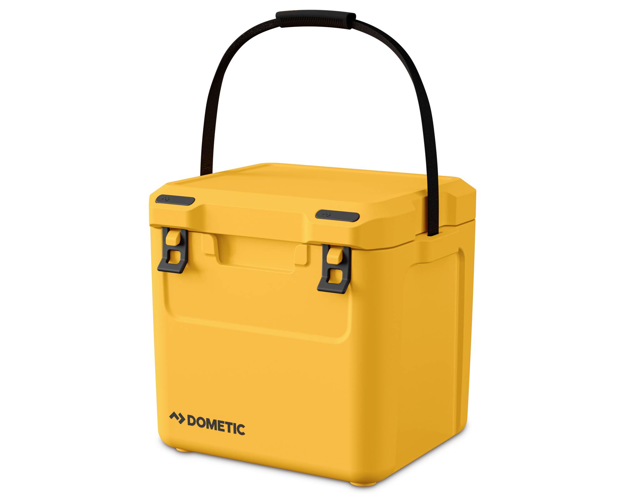 Gelbe Dometic-Kühlbox mit schwarzem Tragegriff, auf weißem Hintergrund dargestellt.