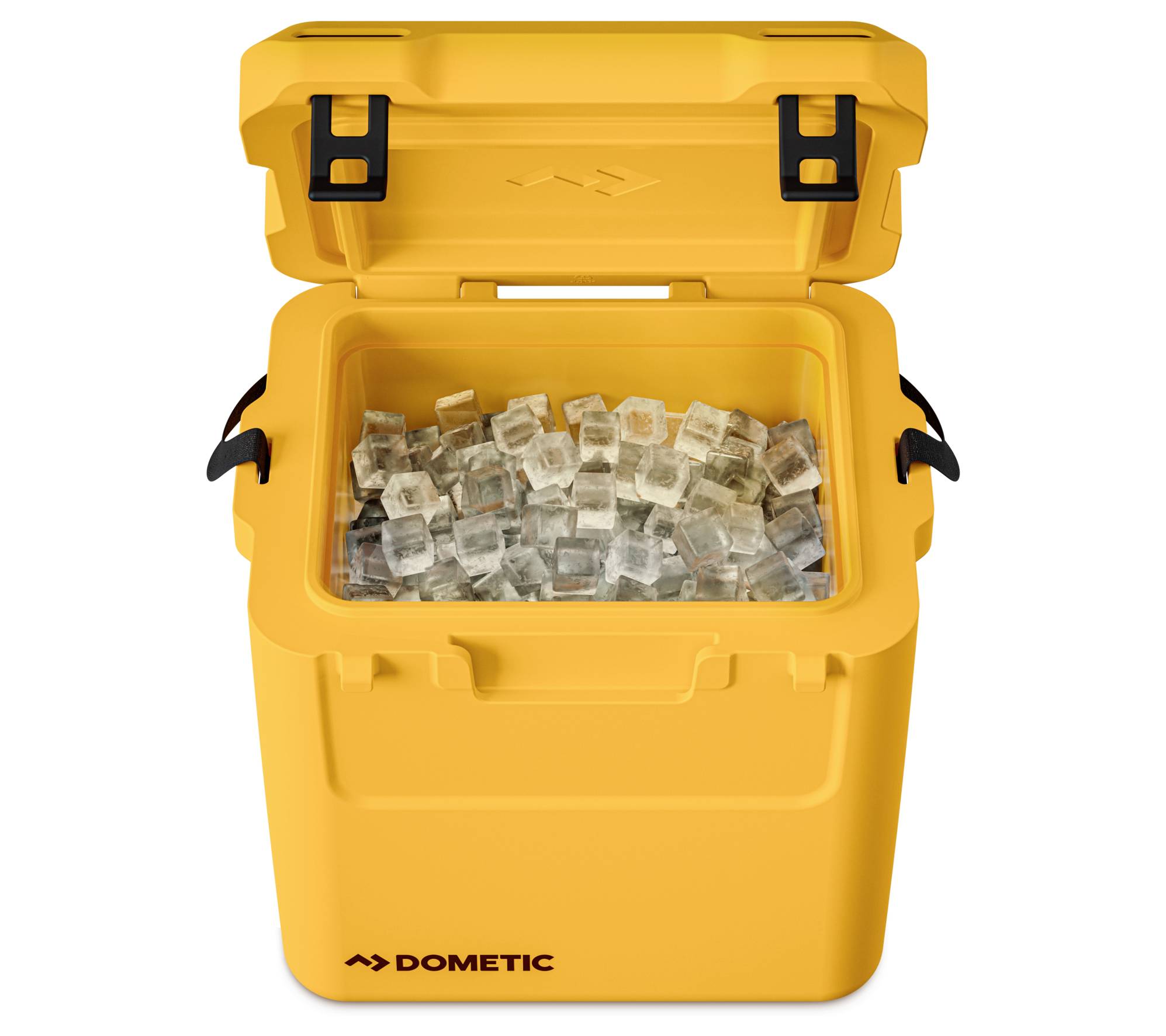 Gelber Dometic-Kühlbox offen und mit Eiswürfeln gefüllt.