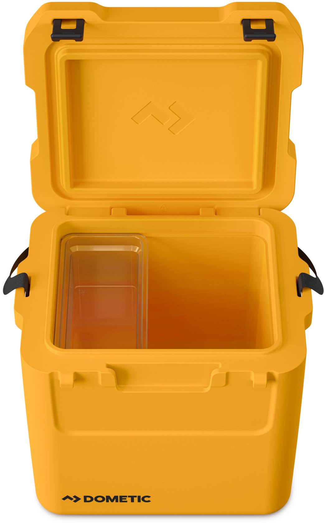 Offener orangefarbener Dometic-Kühlbehälter mit Klappdeckel und leerem isoliertem Innenraum, Vorderansicht mit einem klaren Lagerfach im Inneren.
