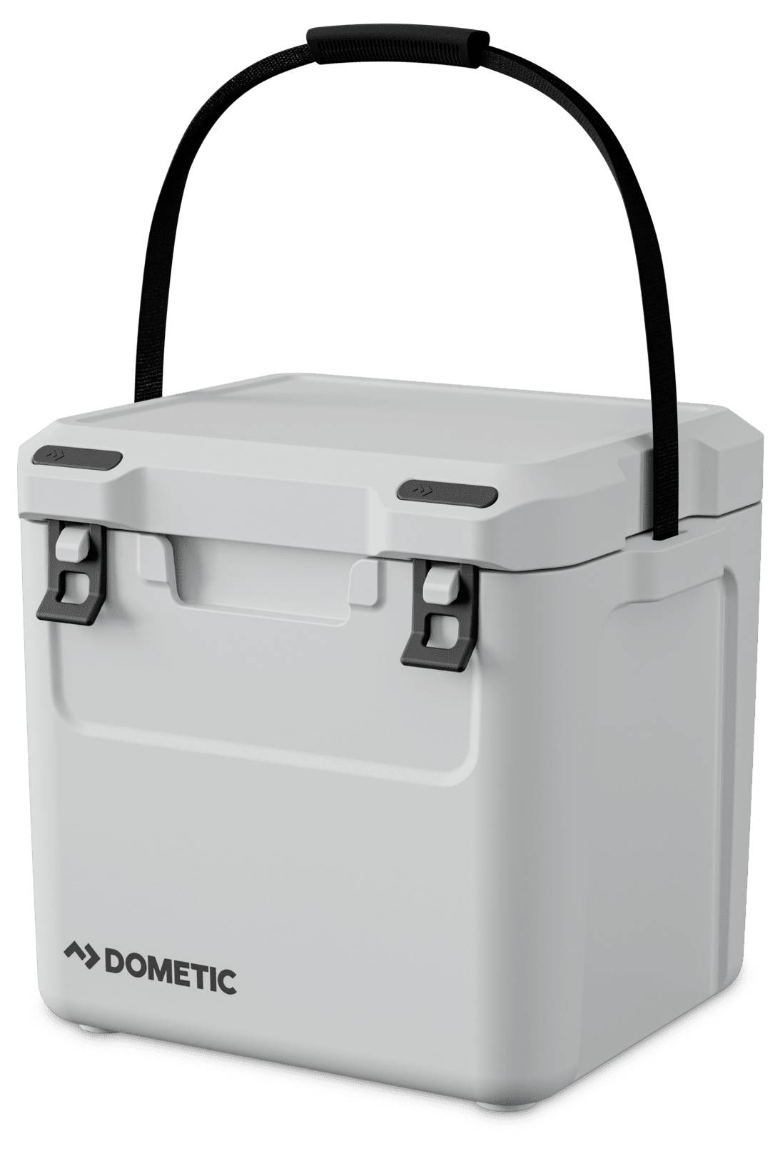 Grauer Dometic Hartschalenkühlbox mit schwarzem Tragegriff und Verschlüssen, vor weißem Hintergrund abgebildet.